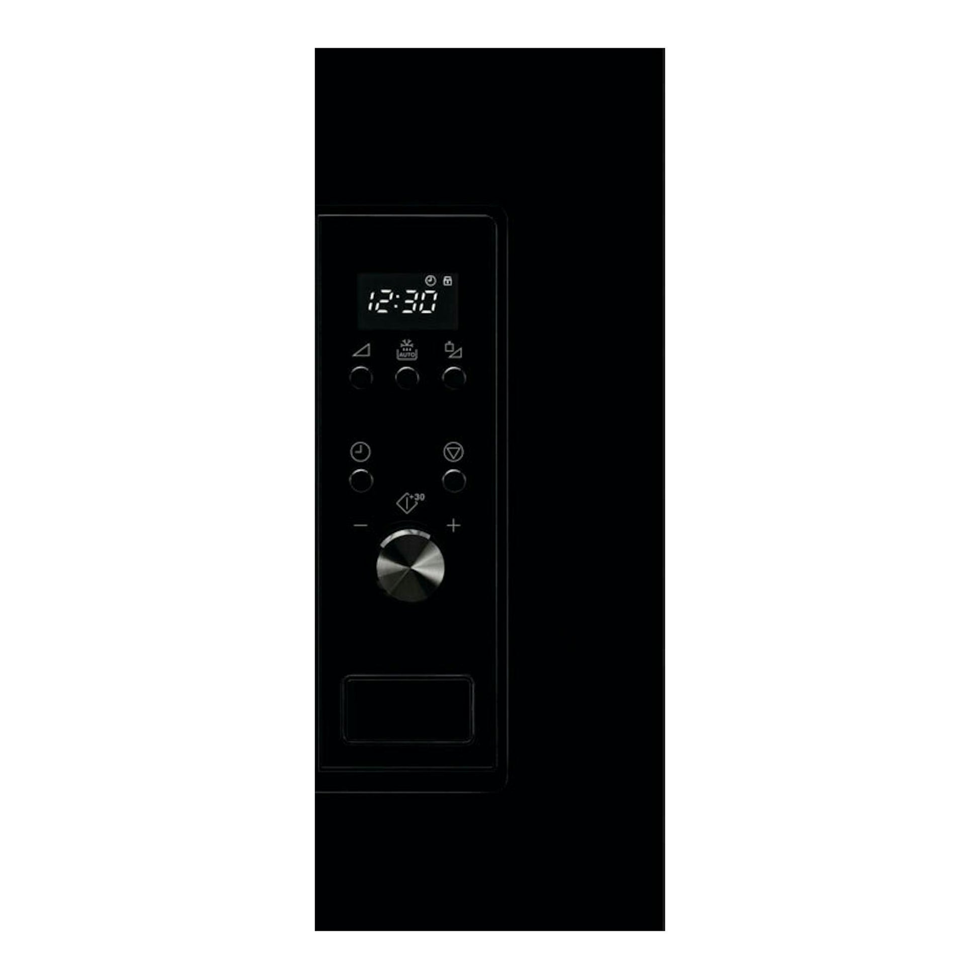 Microondas Electrolux LMS2173EMK negro, vista frontal parcial del panel con display 12:30 y perilla.