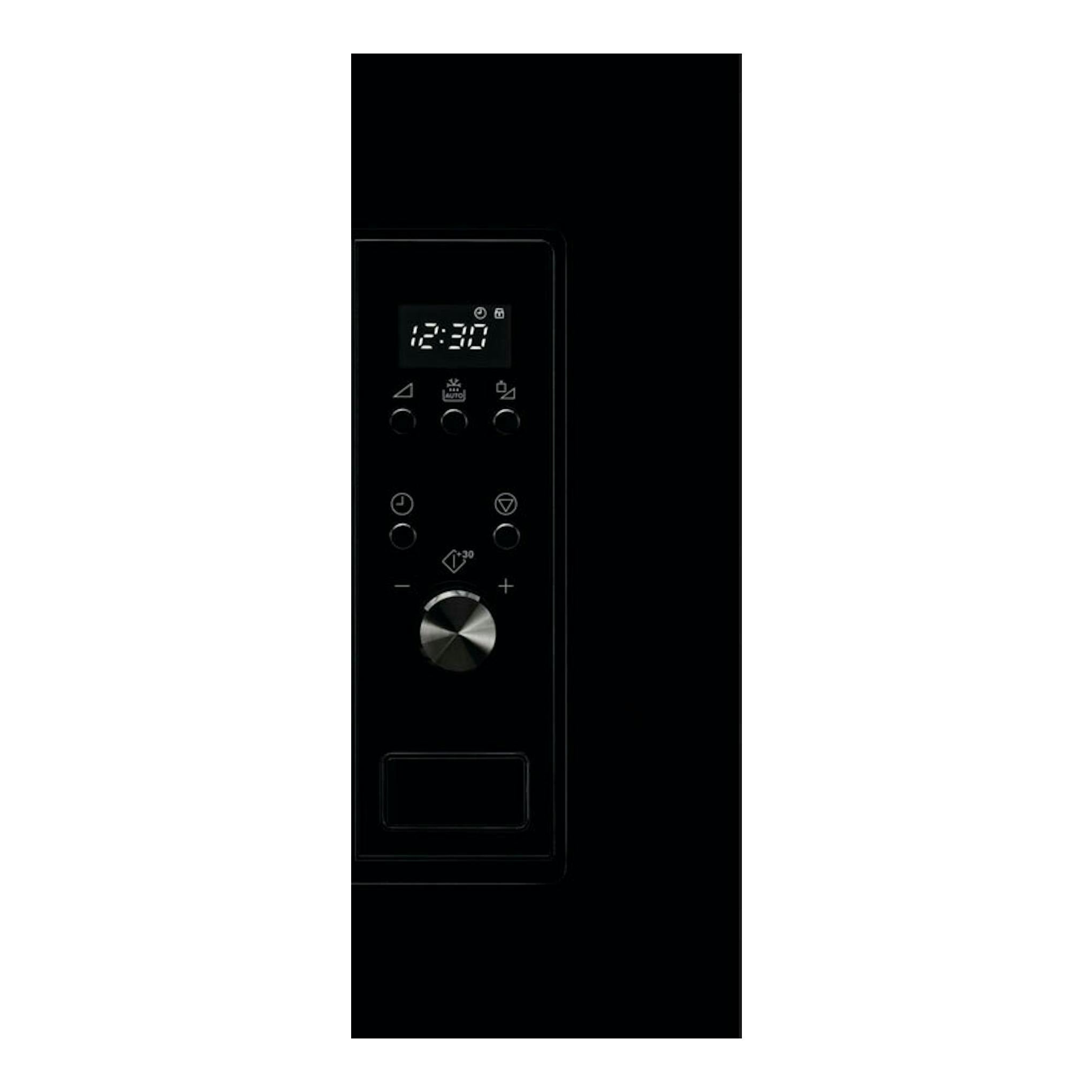 Microondas Electrolux LMS2173EMK negro, vista frontal parcial del panel con display 12:30 y perilla.