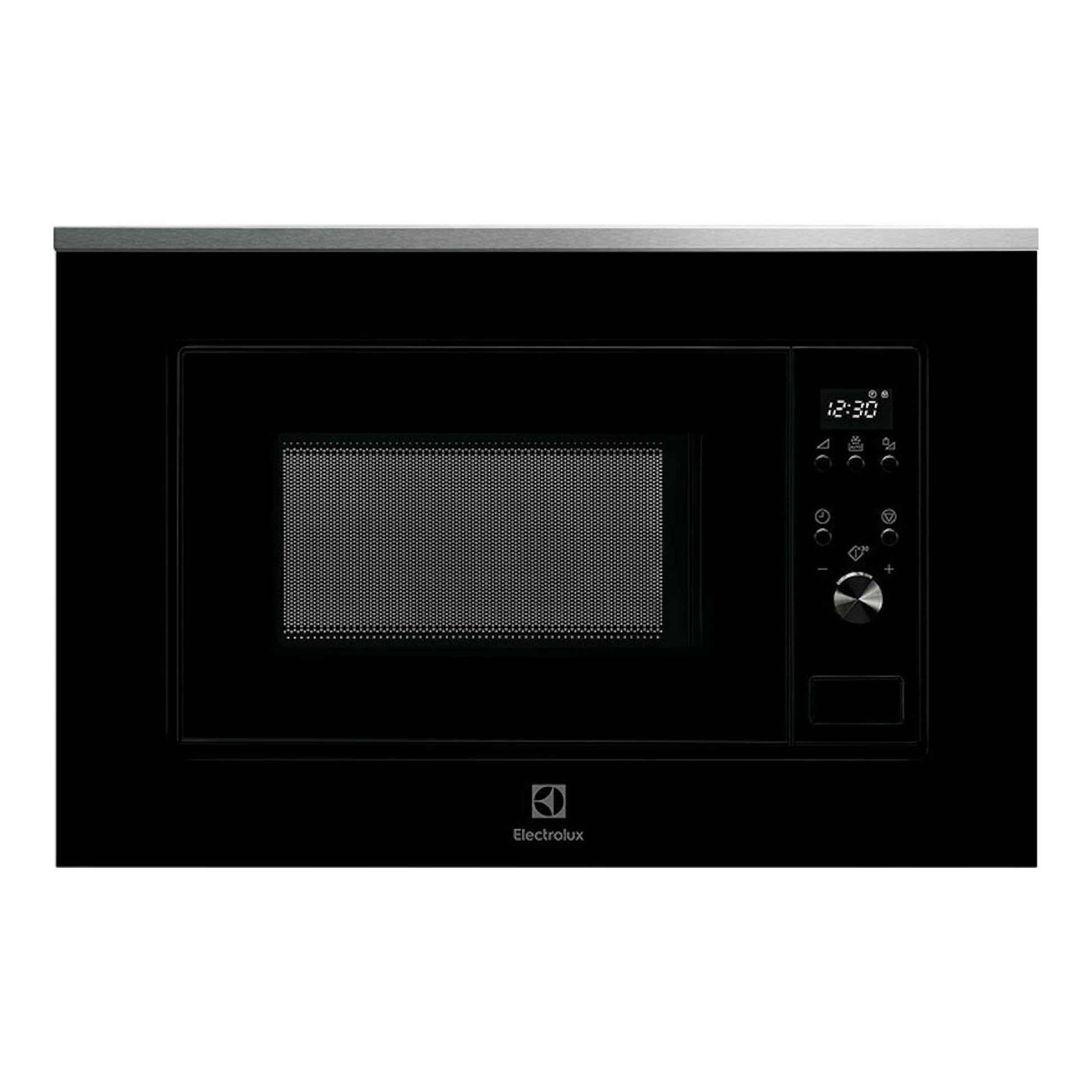 Microondas empotrado Electrolux LMS2173EMX negro, vista frontal, panel digital derecho y marco superior inox.