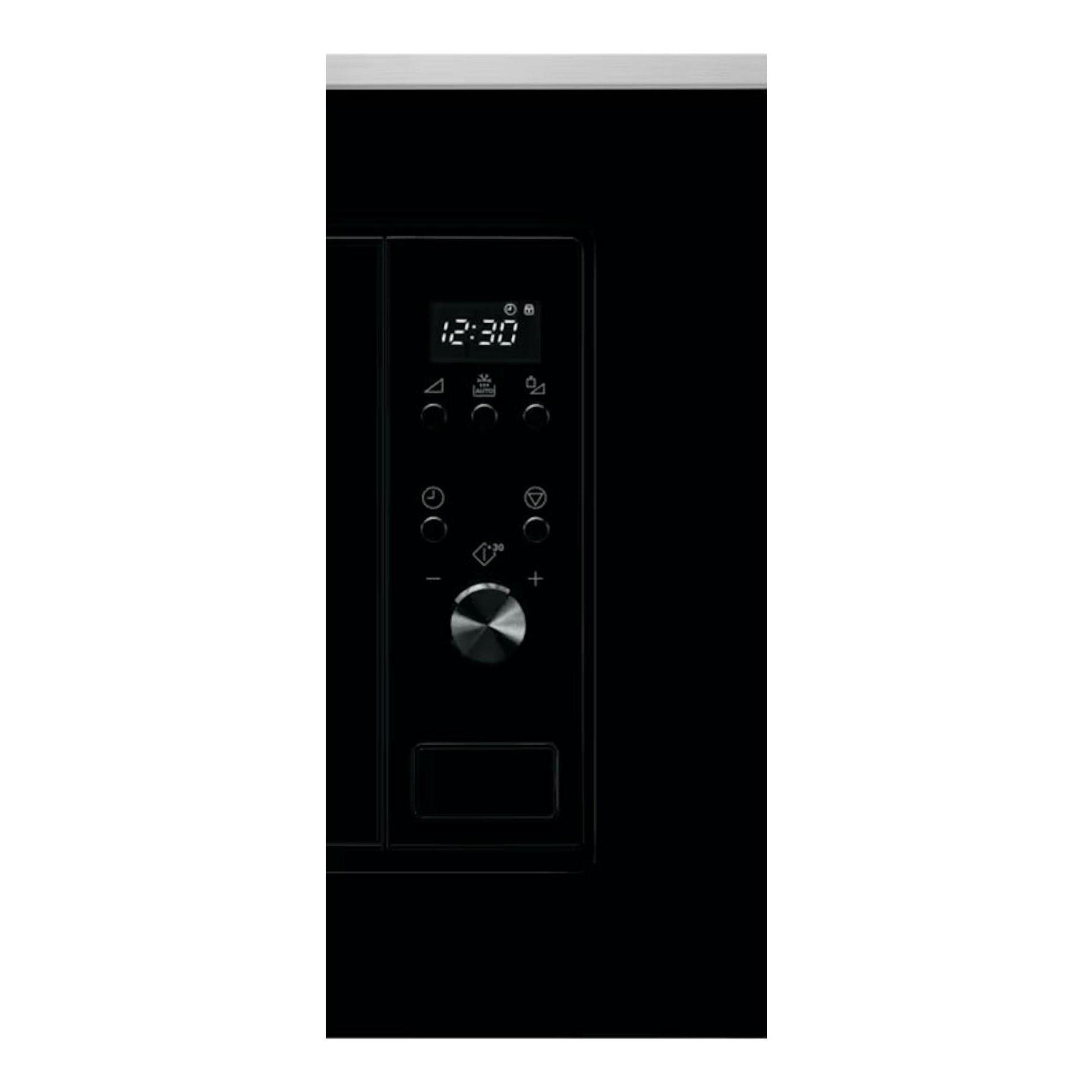 Microondas Electrolux LMS2173EMX inox, vista frontal parcial del panel negro con display y dial.