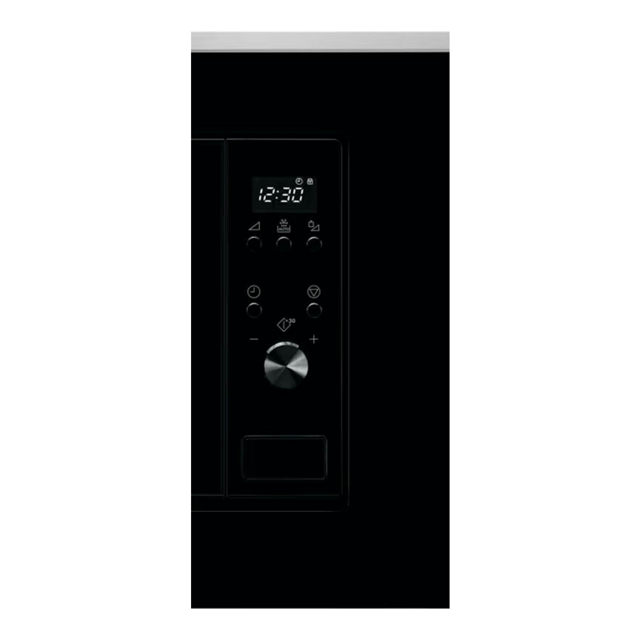 Microondas Electrolux LMS2173EMX inox, vista frontal parcial del panel negro con display y dial.