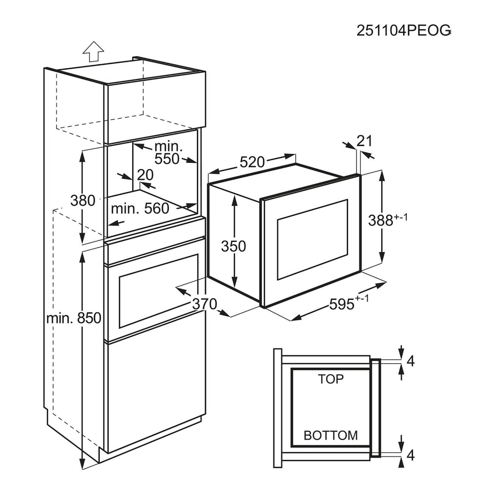 Diagrama isométrico de instalación de microondas integrable Electrolux LMS4253TBX en mueble, con medidas.