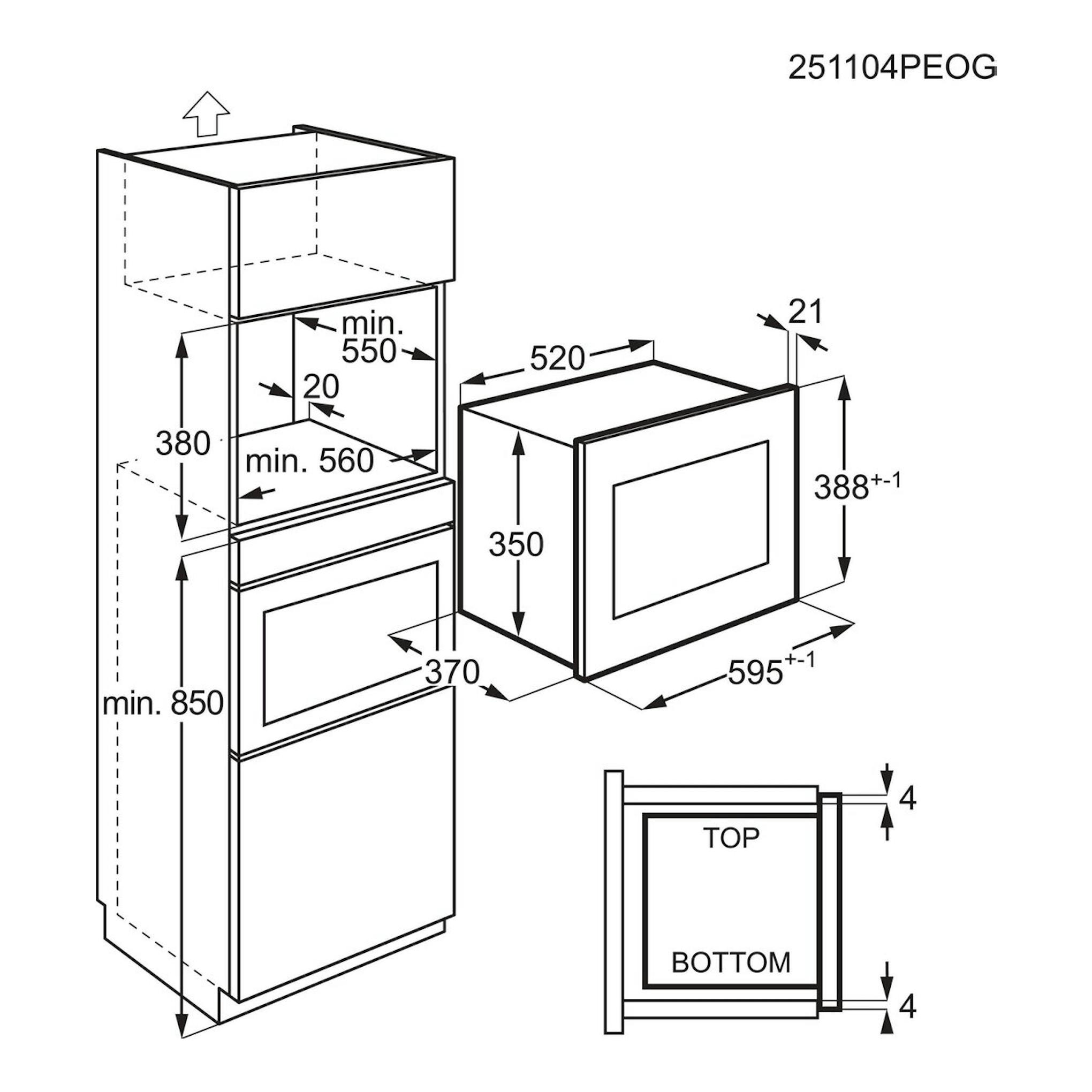 Diagrama isométrico de instalación de microondas integrable Electrolux LMS4253TBX en mueble, con medidas.