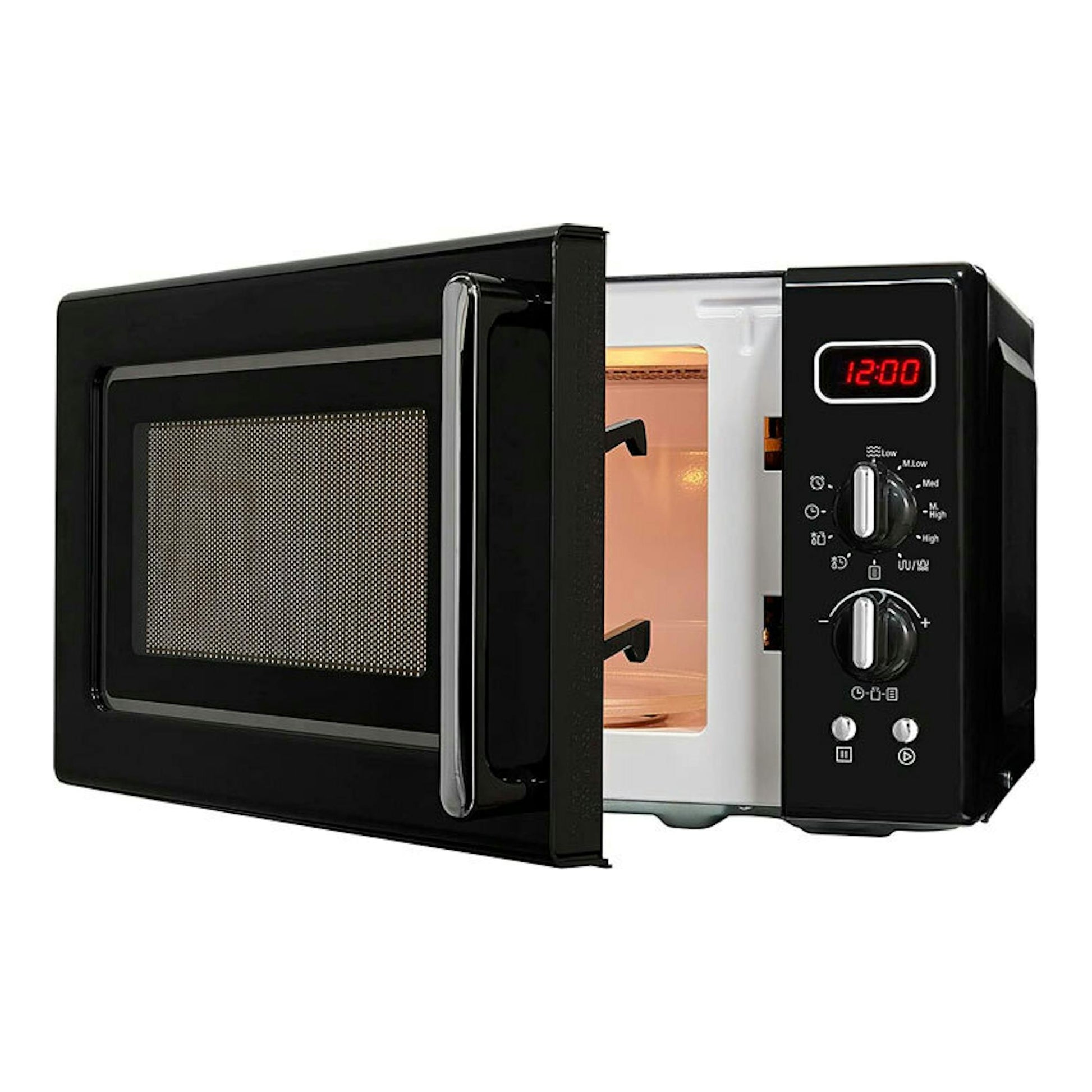 Microondas Exquisit RMW7203 DIG negro, vista frontal derecha, con puerta abierta y display digital.