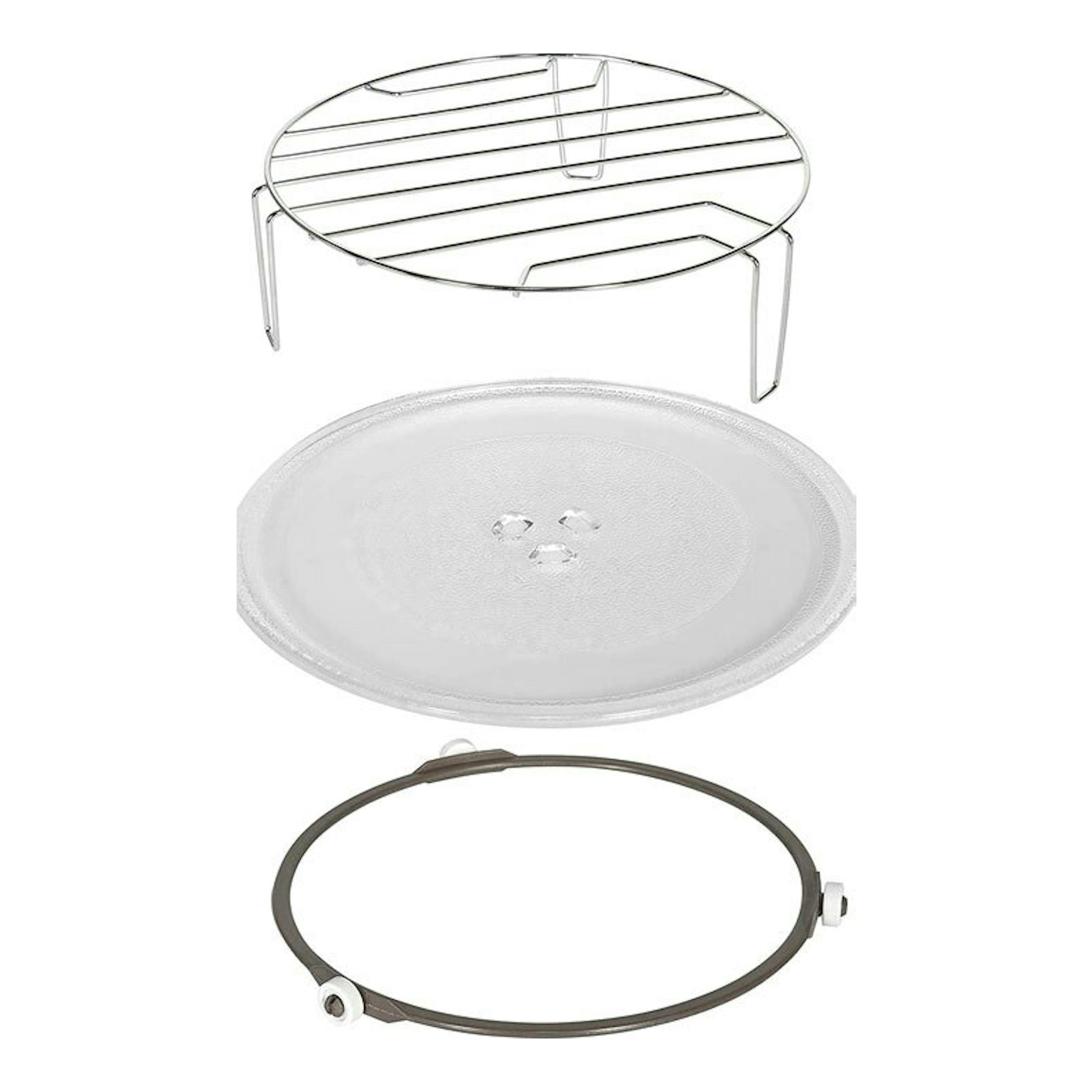 Kit para microondas Exquisit RMW7203 DIG negro: rejilla, plato de vidrio y aro giratorio, vista frontal.