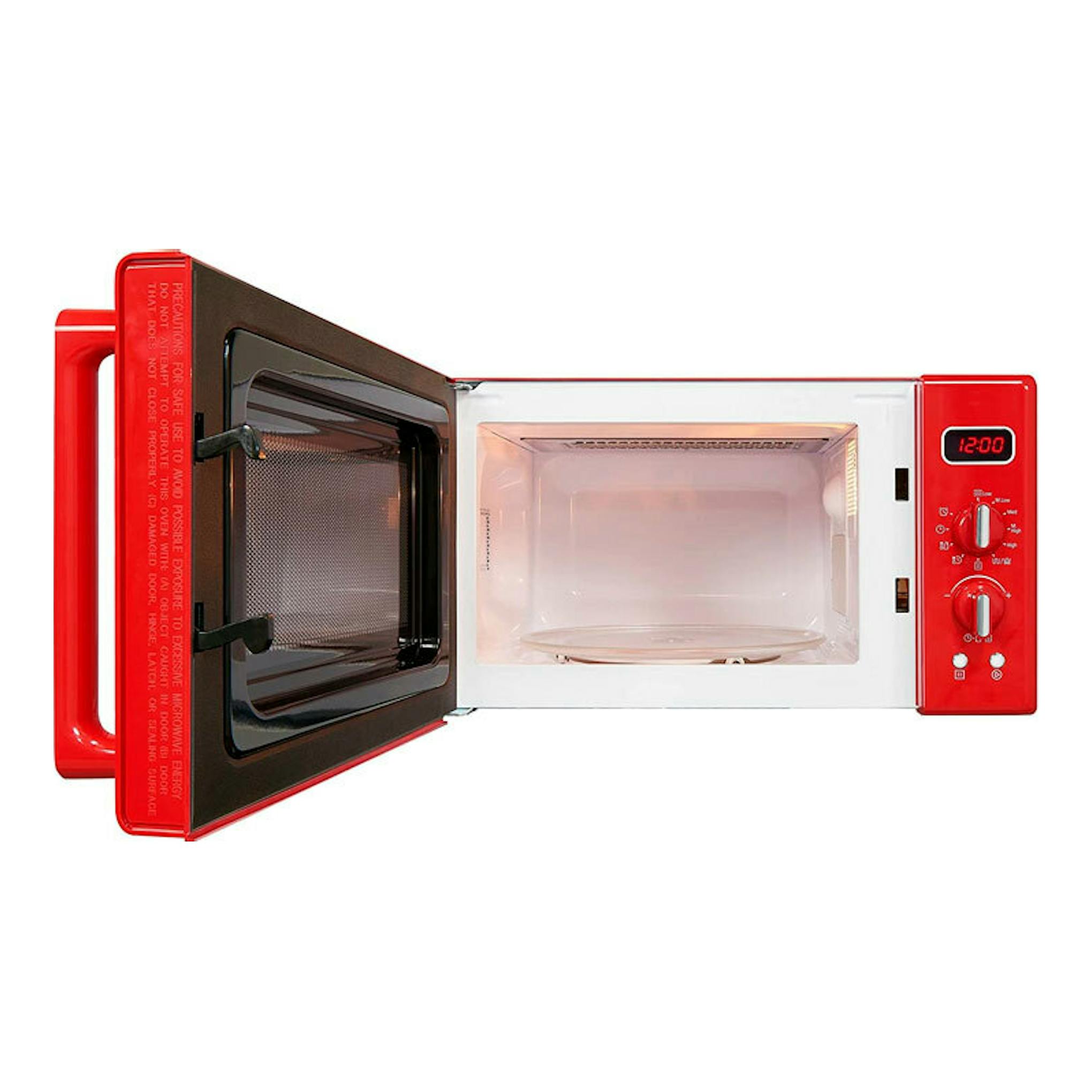 Microondas Exquisit RMW7203 DIG rojo, vista frontal con la puerta abierta y panel digital visible.
