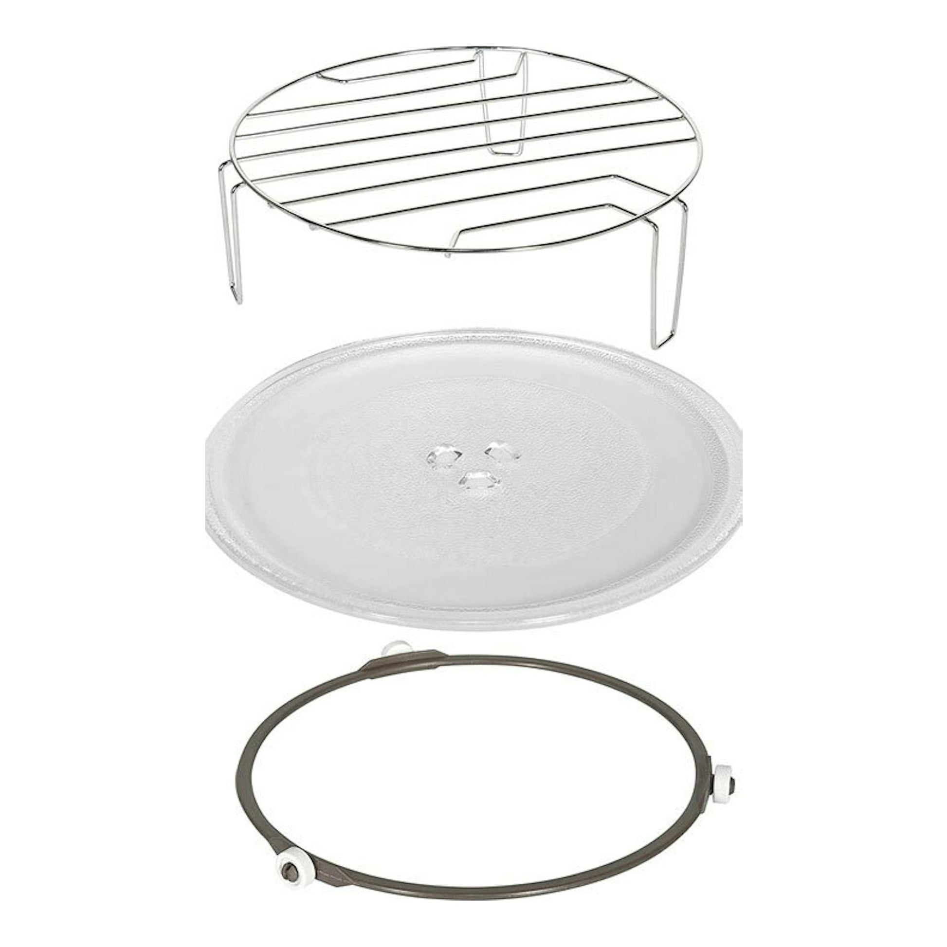 Accesorios de microondas Exquisit RMW7203 DIG: rejilla metálica, plato de vidrio y aro giratorio.