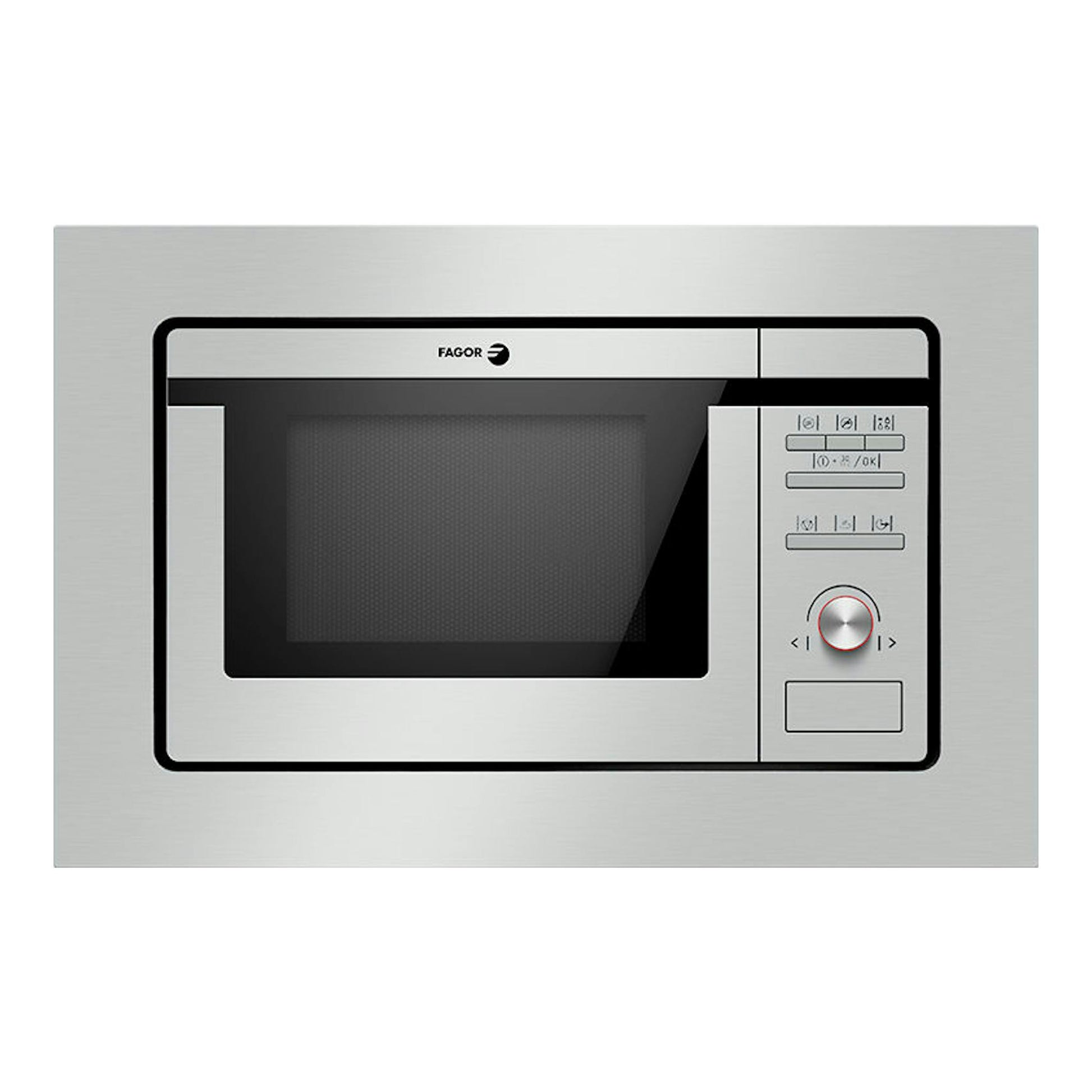 Microondas empotrable Fagor 3MWB201CEGX en inox, vista frontal con puerta negra y panel de control lateral derecho.