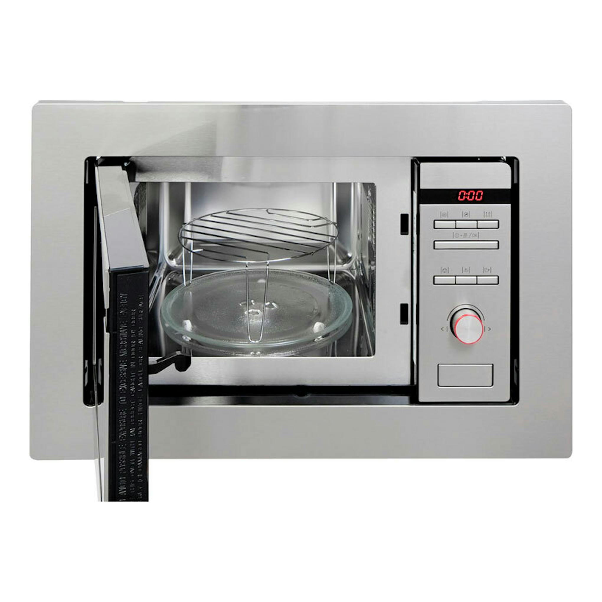 Microondas empotrable Fagor 3MWB201CEGX inox, vista frontal con puerta abierta y panel digital.