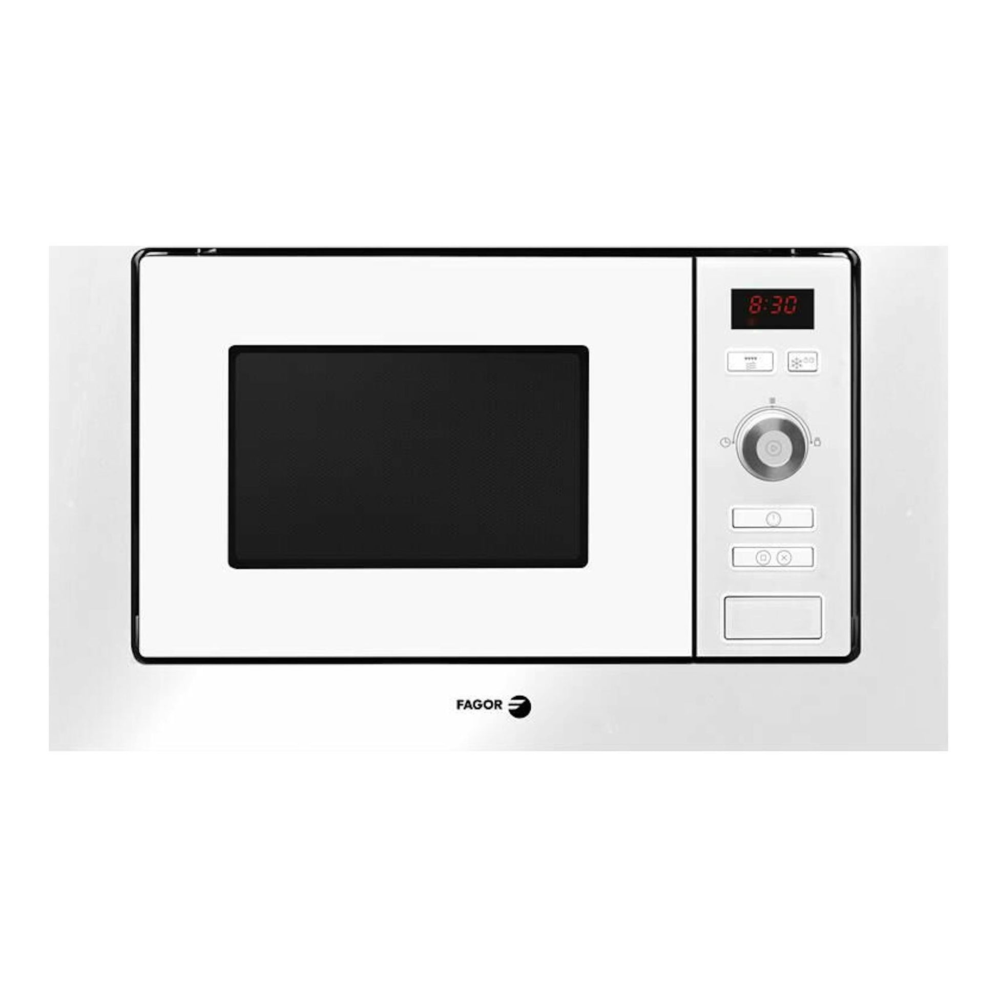 Microondas Fagor 3MWB20CEGB blanco, vista frontal, con puerta negra y panel de control digital a la derecha.