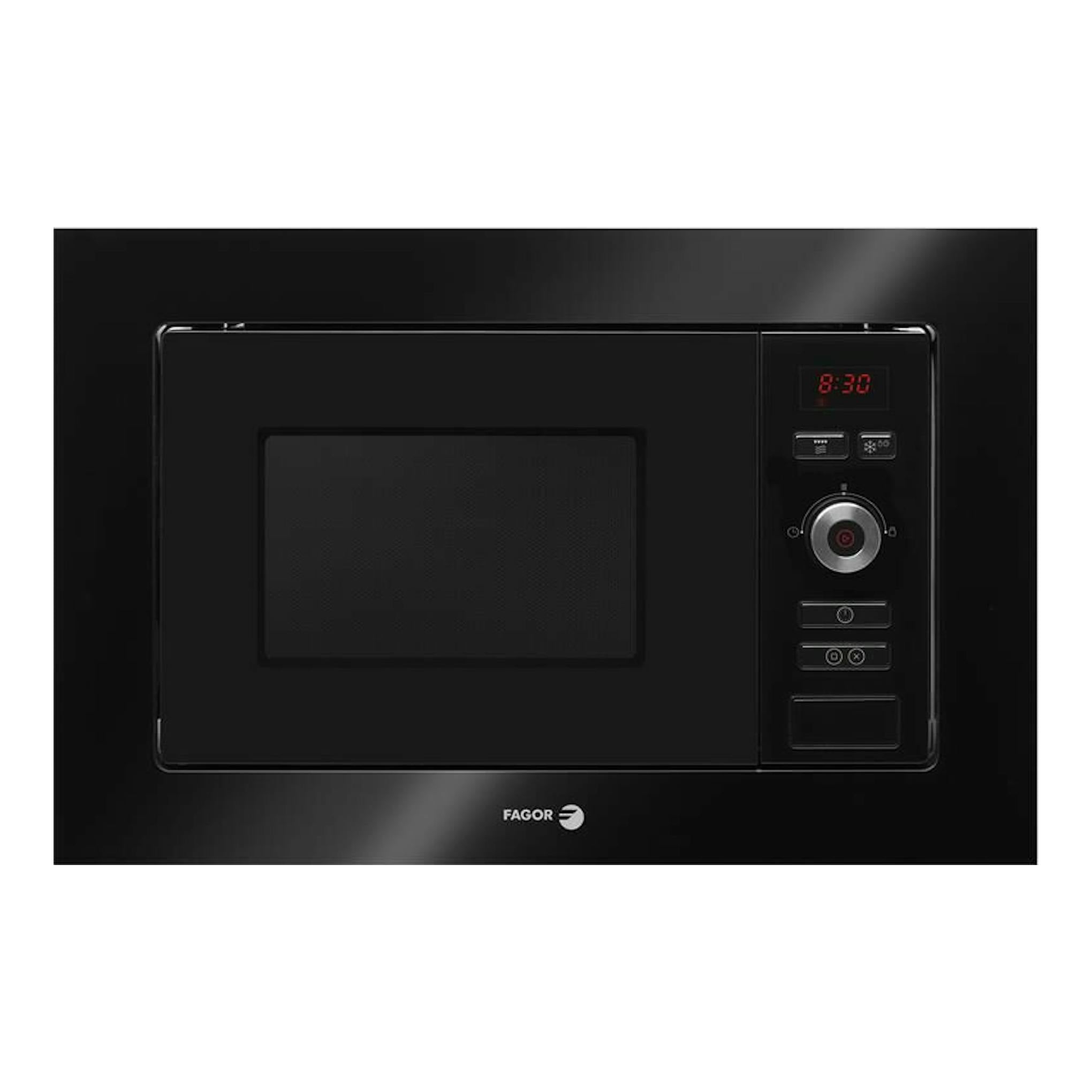Microondas Fagor 3MWB20CEGN negro, vista frontal, panel digital y puerta negra.