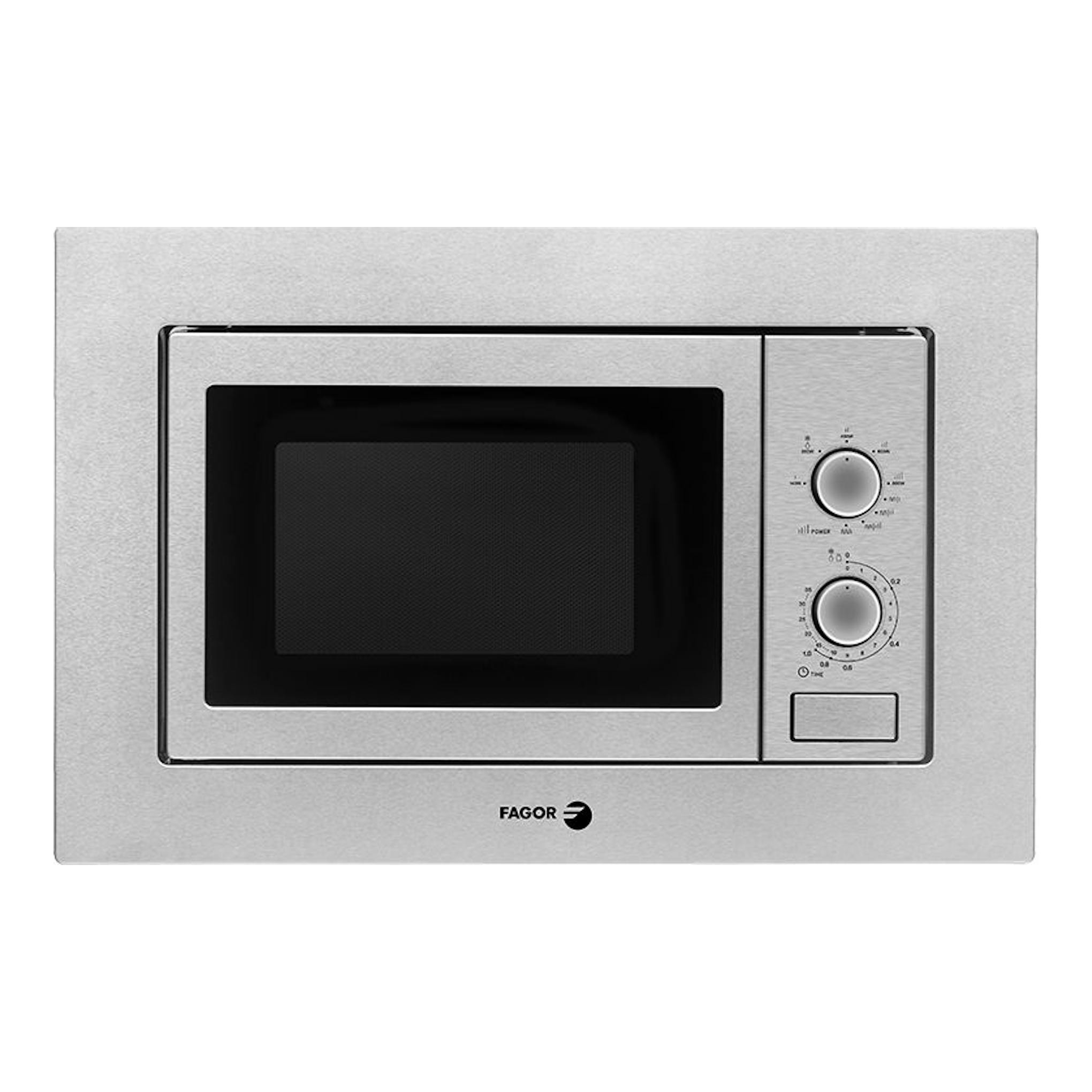 Microondas Fagor 3MWB20CGX inox, vista frontal, con puerta negra y dos mandos a la derecha.