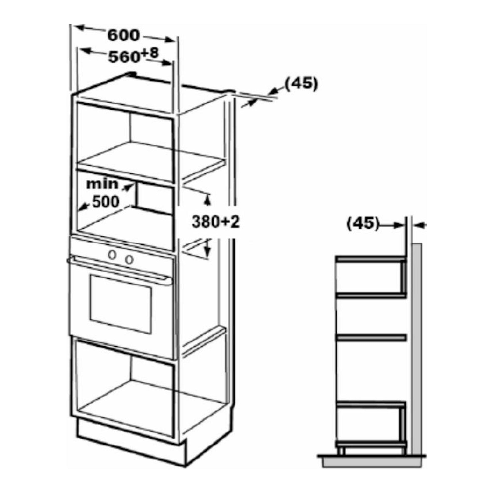 Diagrama de instalación de microondas empotrable Fagor 3MWB20CGX inox, vista frontal y lateral con medidas.