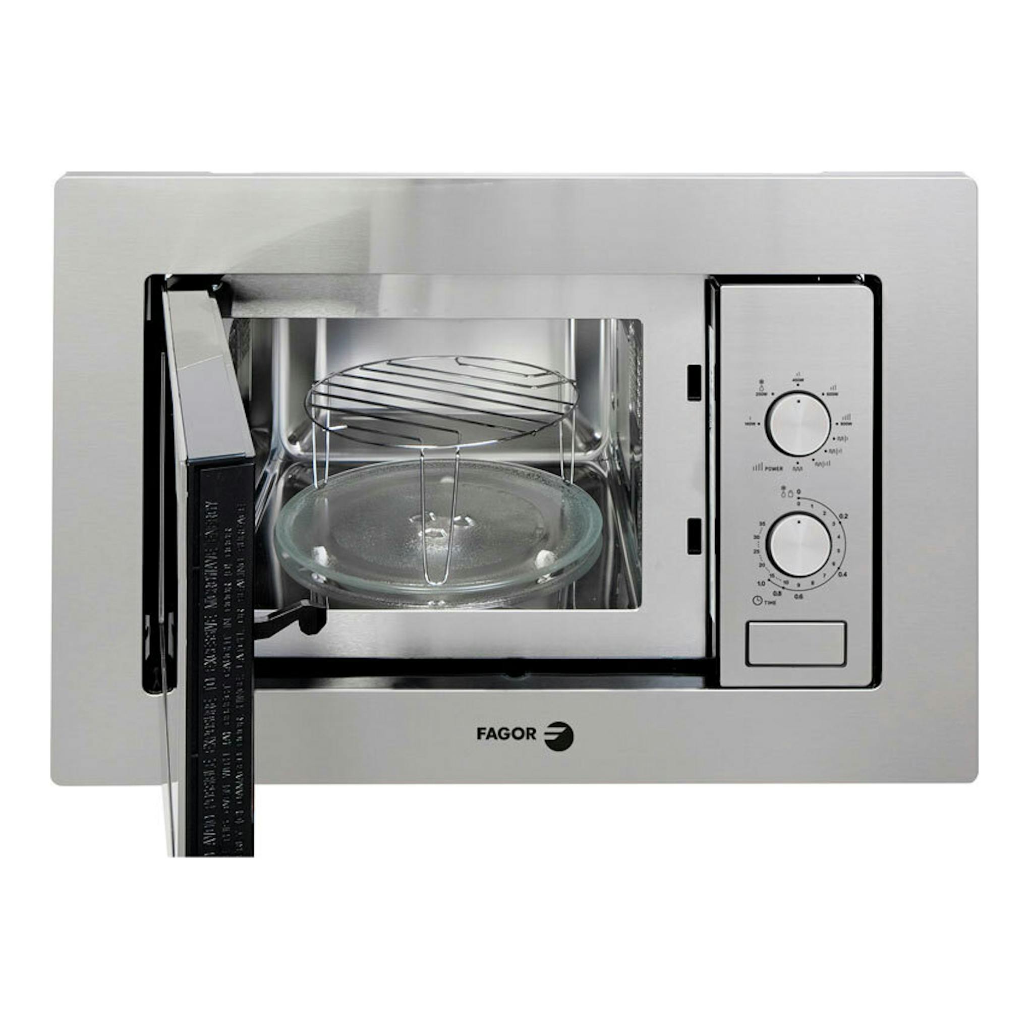 Microondas Fagor 3MWB20CGX inox, vista frontal, puerta abierta, interior con plato giratorio y mandos manuales.