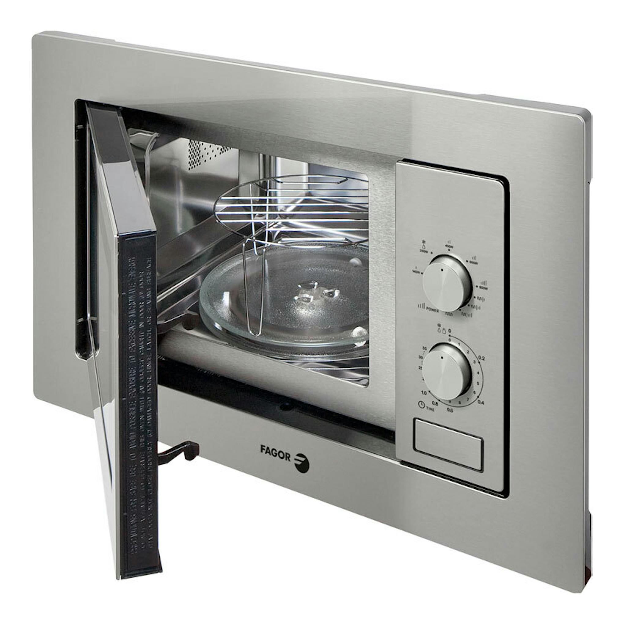 Microondas Fagor 3MWB20CGX inox, vista frontal en tres cuartos, puerta abierta y panel de mandos con dos ruletas.