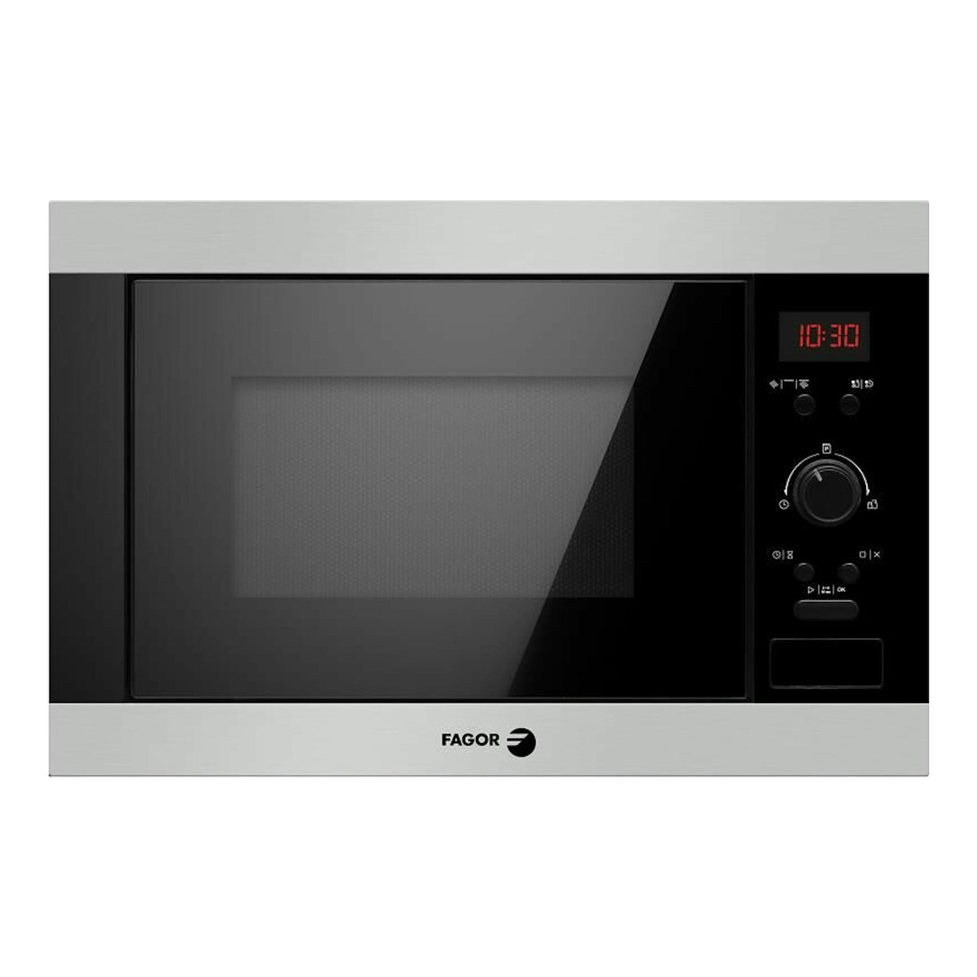 Microondas Fagor 3MWB25BEGX negro, vista frontal, panel digital y marco plateado.