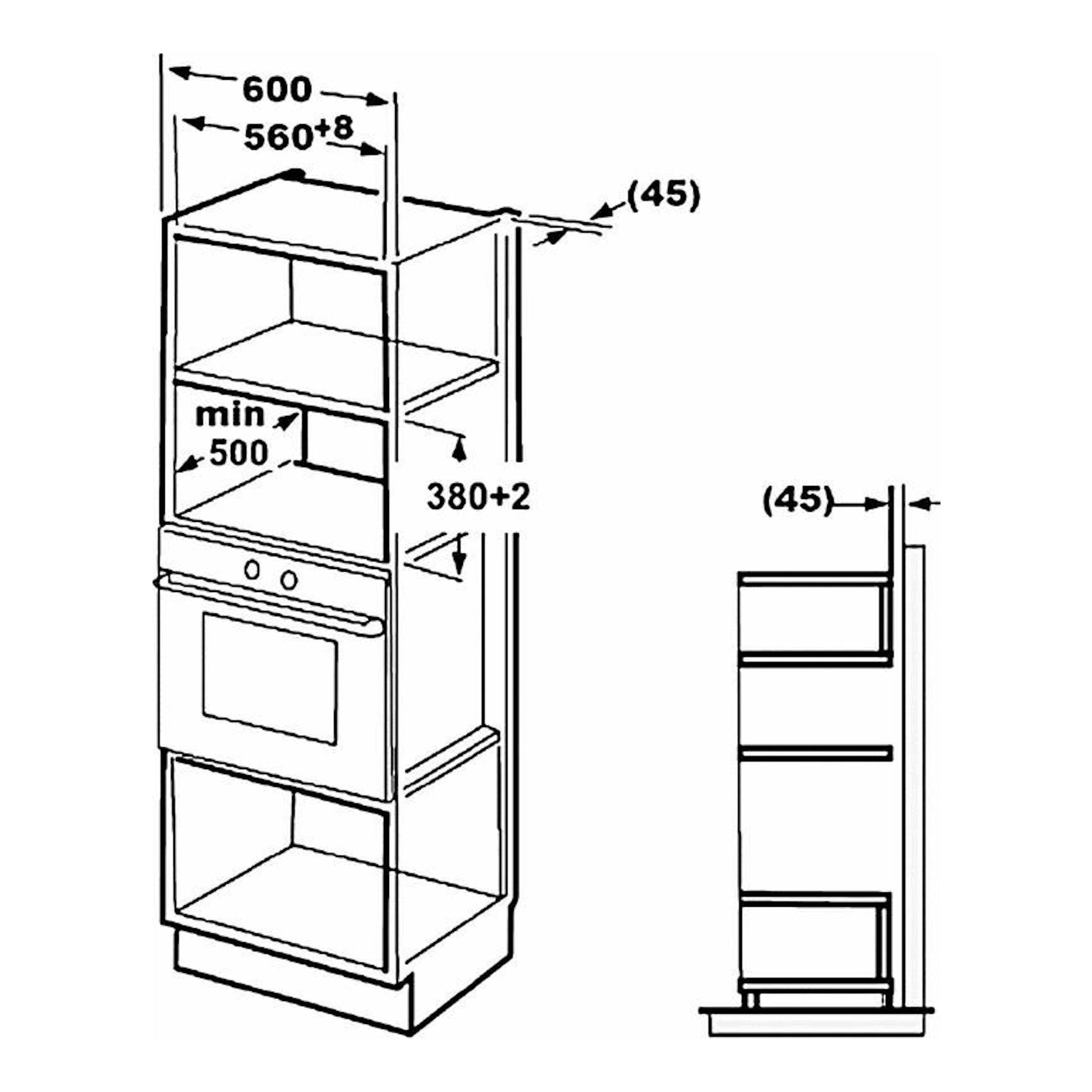 Esquema de instalación de microondas Fagor 3MWB25BEGX en mueble, vista frontal y lateral, con medidas.