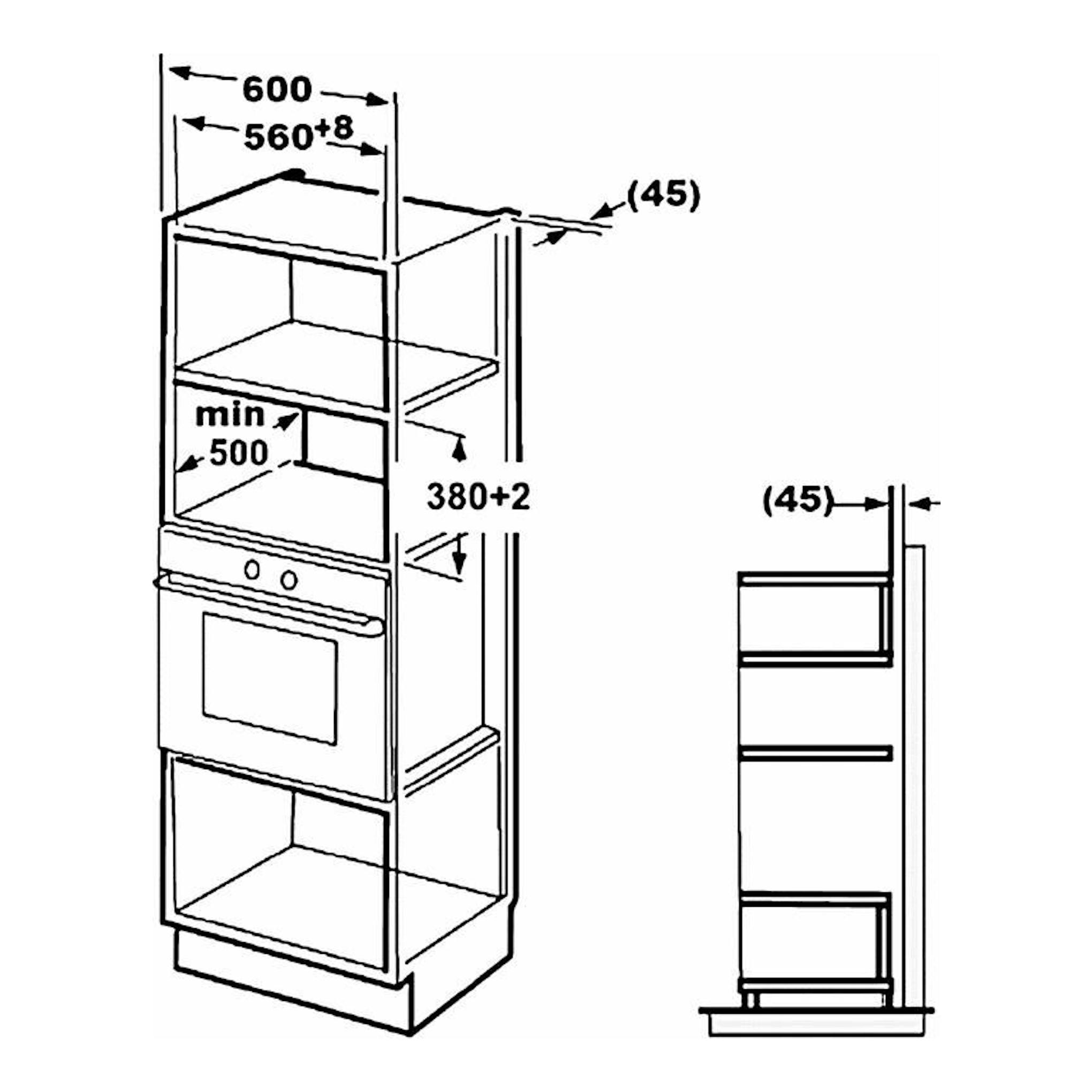 Esquema de instalación de microondas Fagor 3MWB25BEGX en mueble, vista frontal y lateral, con medidas.