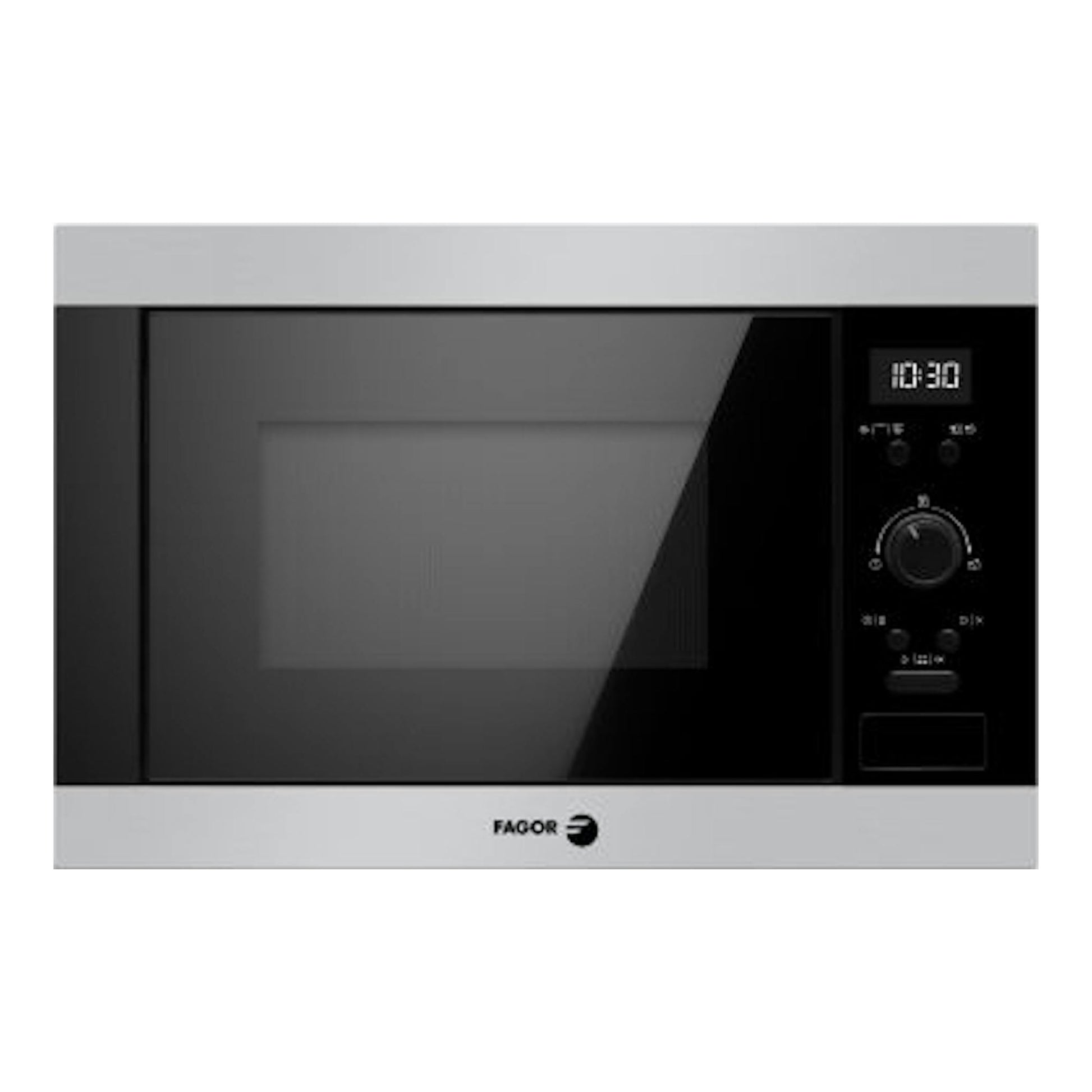 Microondas Fagor 4MWB-25BEGX integrable, frontal negro con marco inox y controles a la derecha.