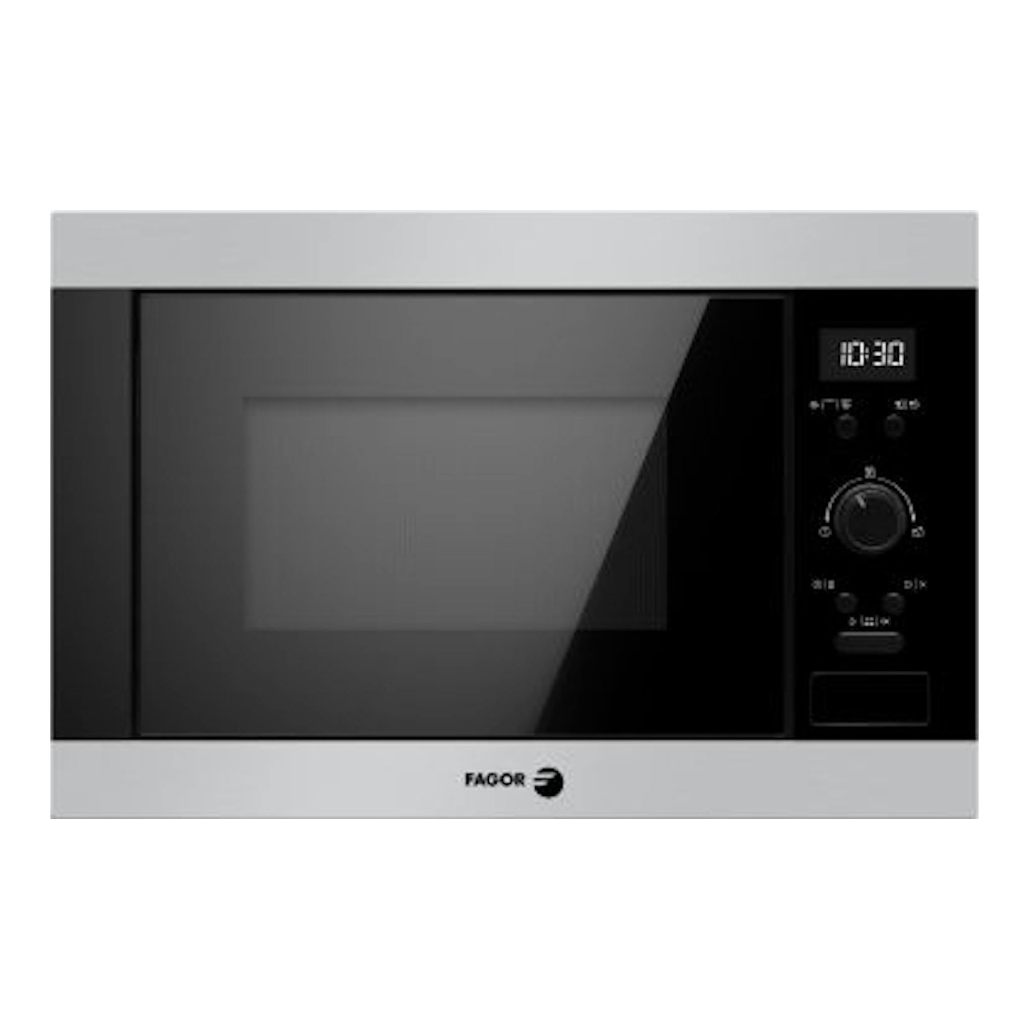 Microondas Fagor 4MWB-25BEGX integrable, frontal negro con marco inox y controles a la derecha.