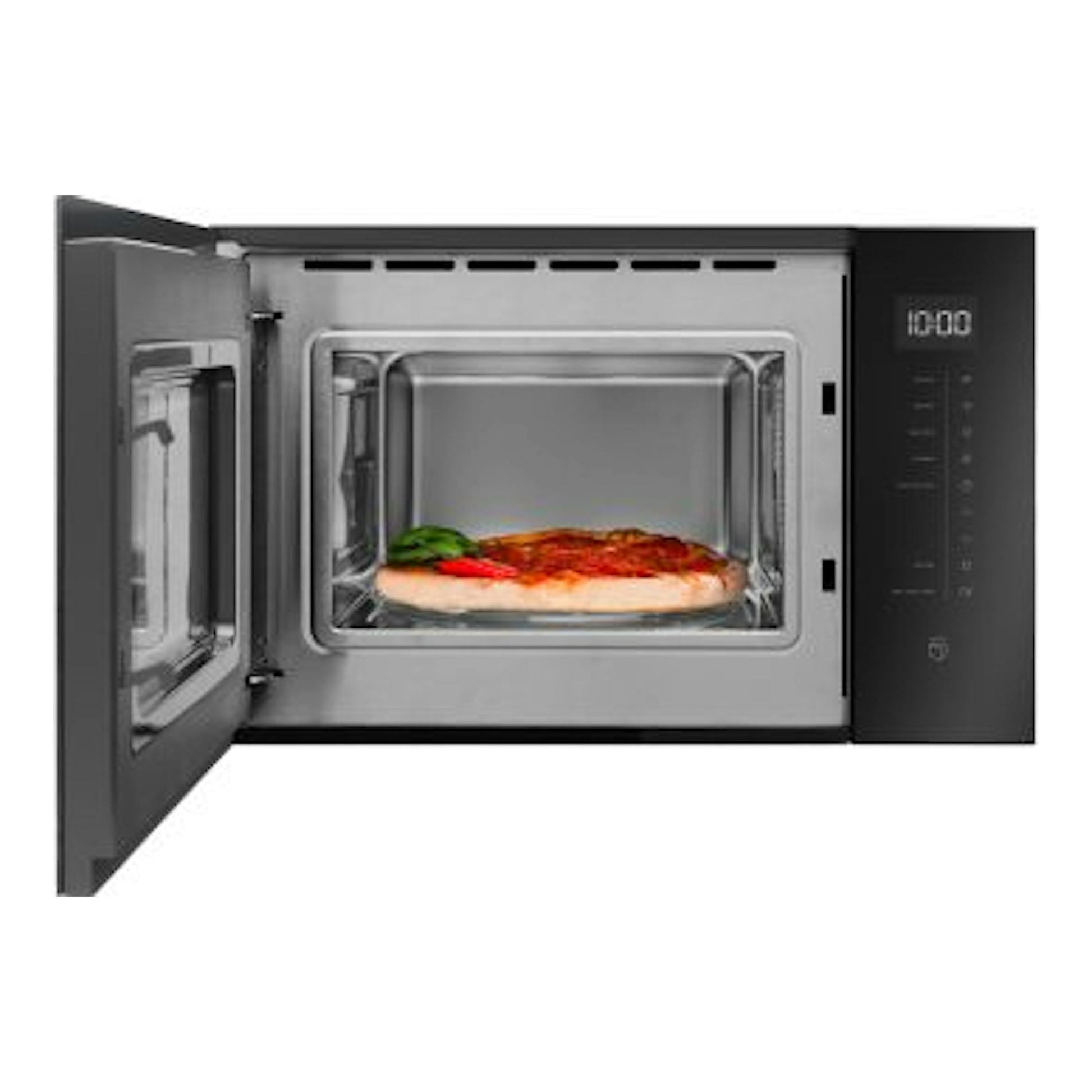 Microondas integrable Fagor 4MWB-25MTCGN negro y acero, con la puerta abierta y una pizza en el interior.