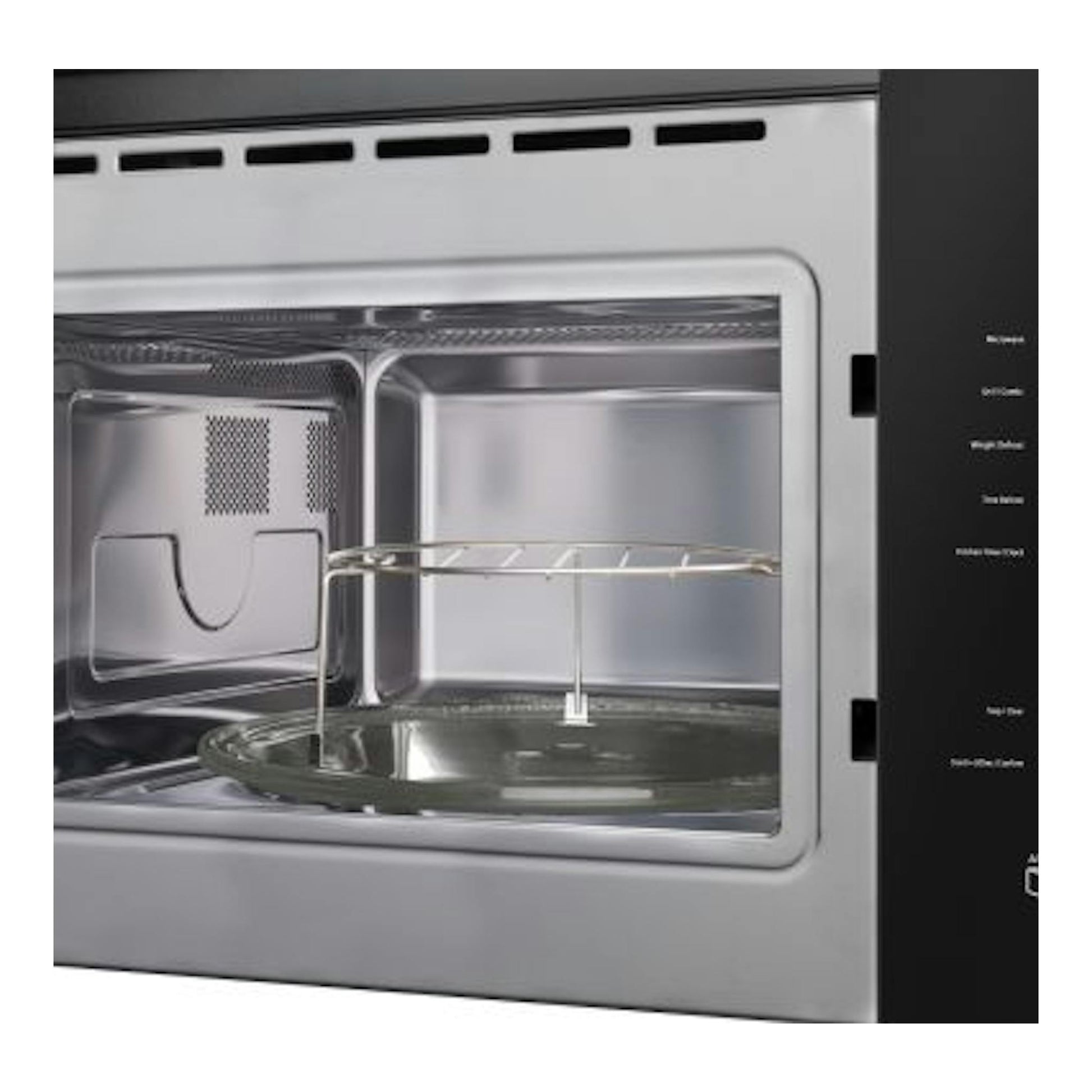 Microondas integrable Fagor 4MWB-25MTCGN, puerta abierta, interior de acero inoxidable, bandeja giratoria y panel negro.