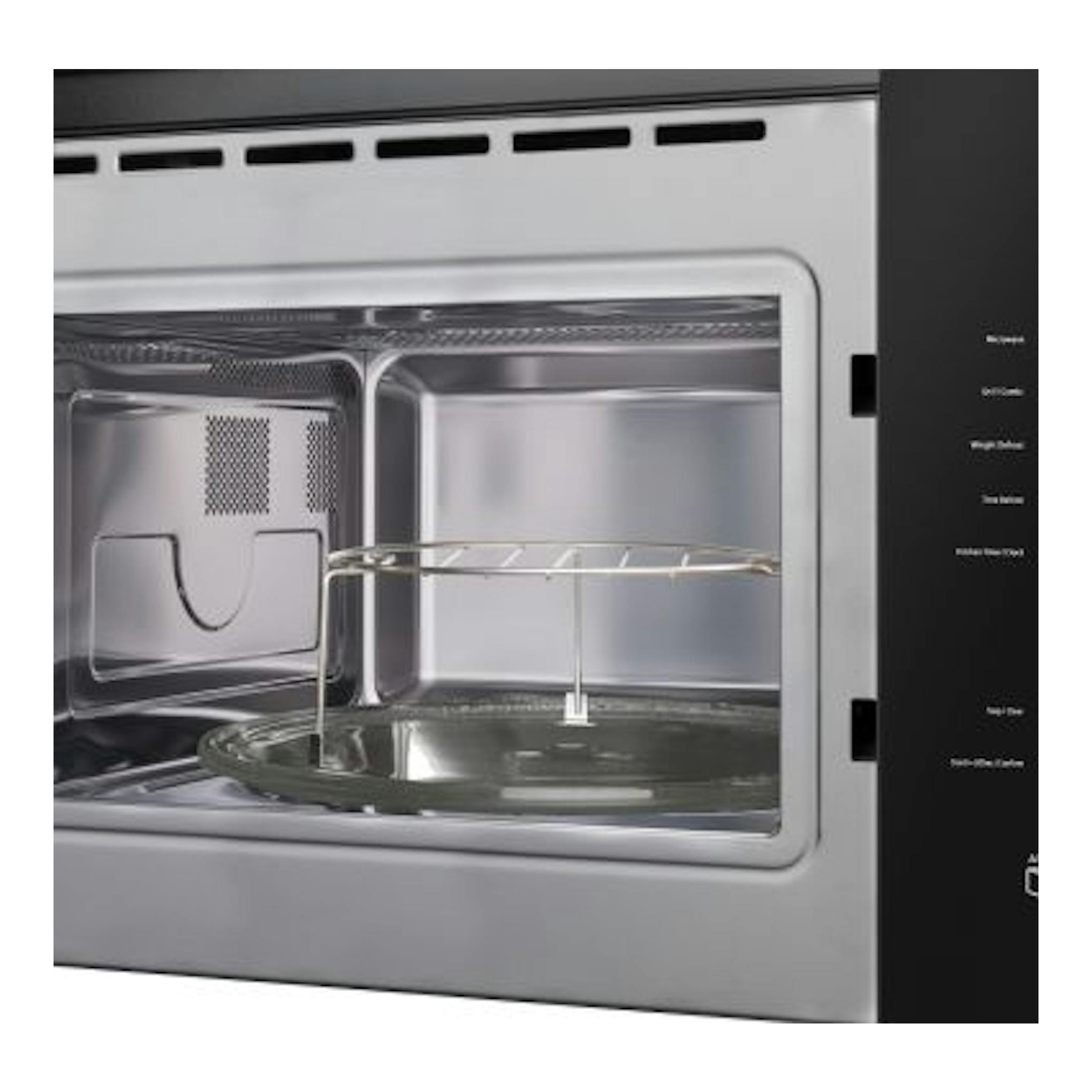 Microondas integrable Fagor 4MWB-25MTCGN, puerta abierta, interior de acero inoxidable, bandeja giratoria y panel negro.