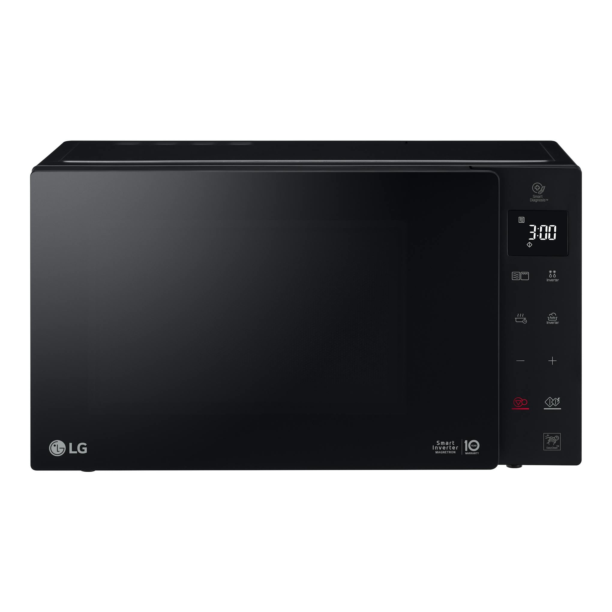 Microondas grill LG MH6535GIS negro, vista frontal, con panel digital a la derecha.