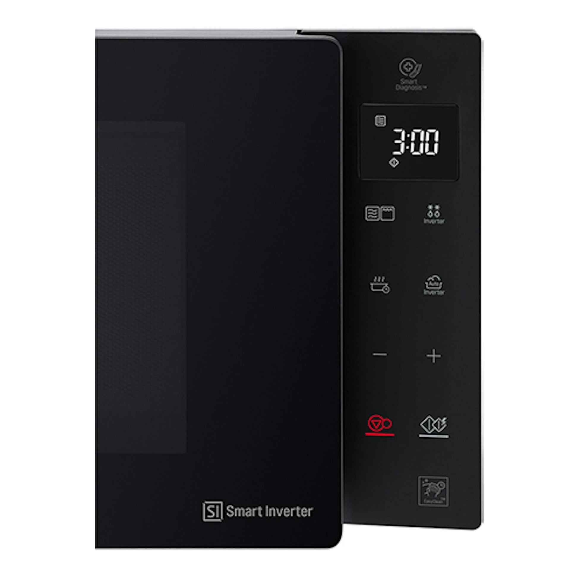 Microondas LG MH6535GIS negro, vista frontal en ángulo con puerta abierta y panel digital.