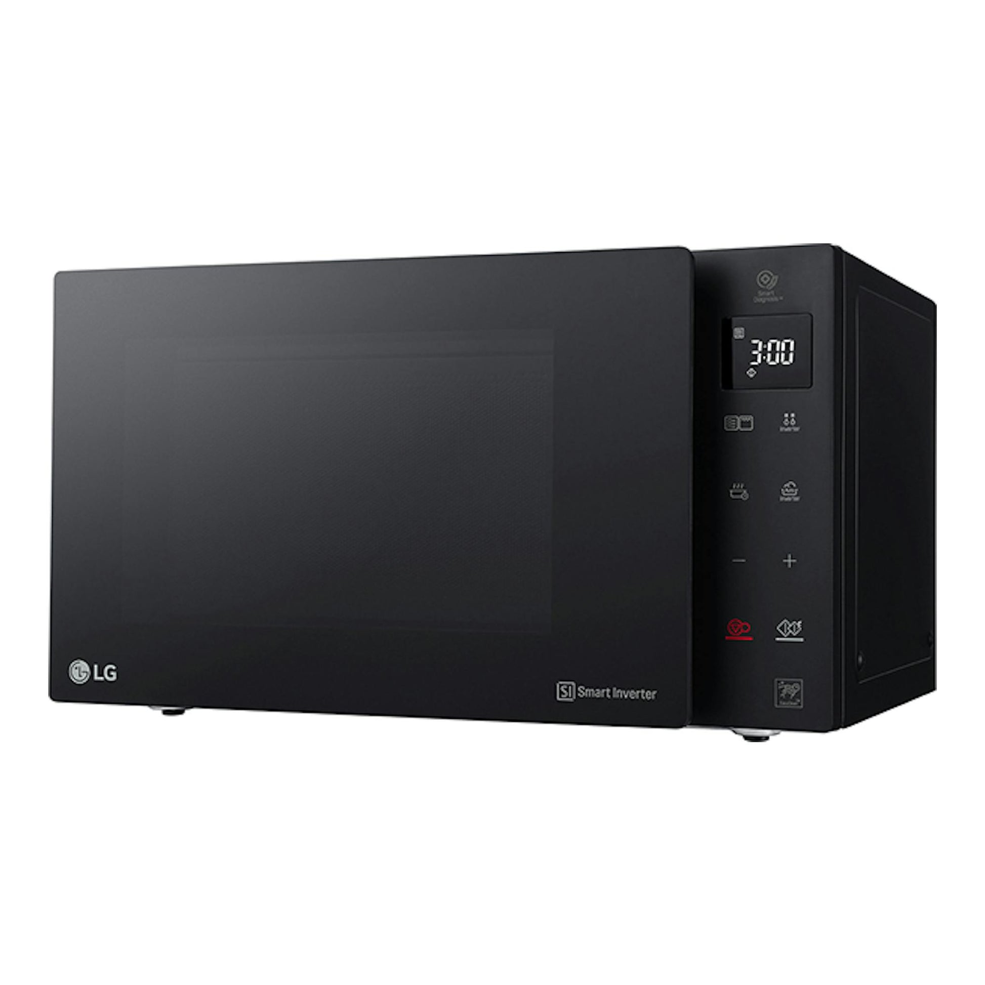 Microondas LG MH6535GIS negro, vista frontal en ángulo con panel digital a la derecha.