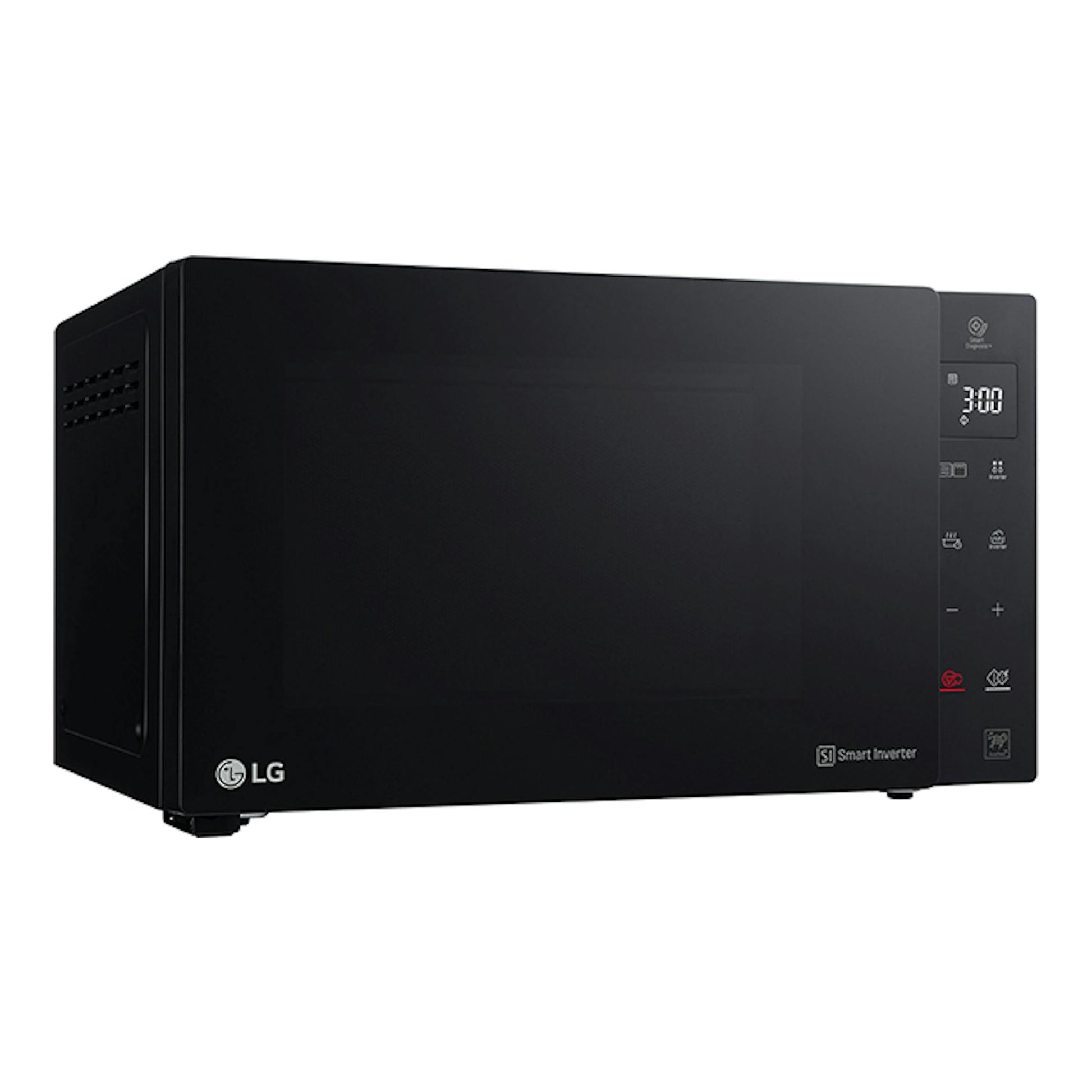 Microondas LG MH6535GIS negro, vista frontal en ángulo izquierdo, con panel táctil y display digital.