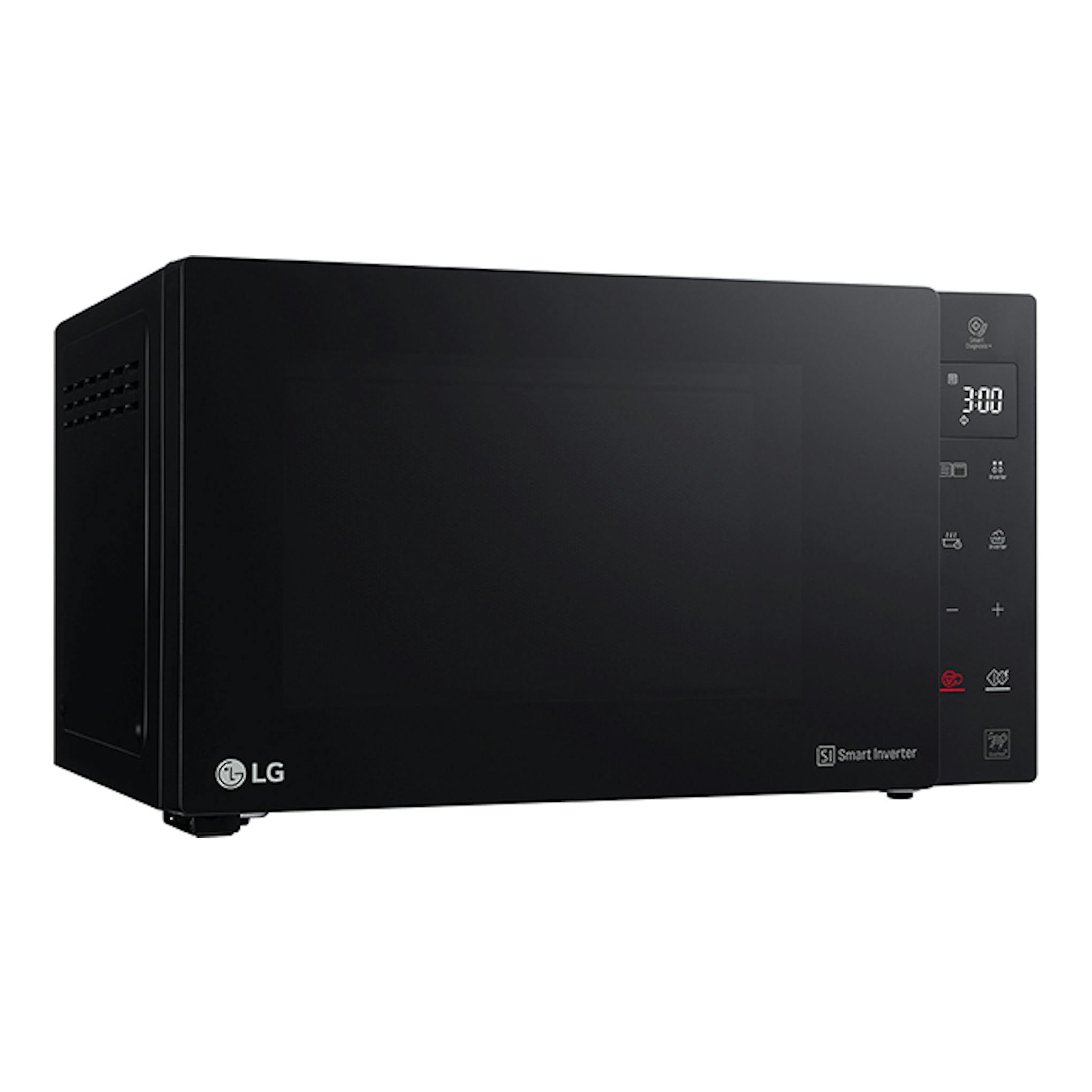 Microondas LG MH6535GIS negro, vista frontal en ángulo izquierdo, con panel táctil y display digital.