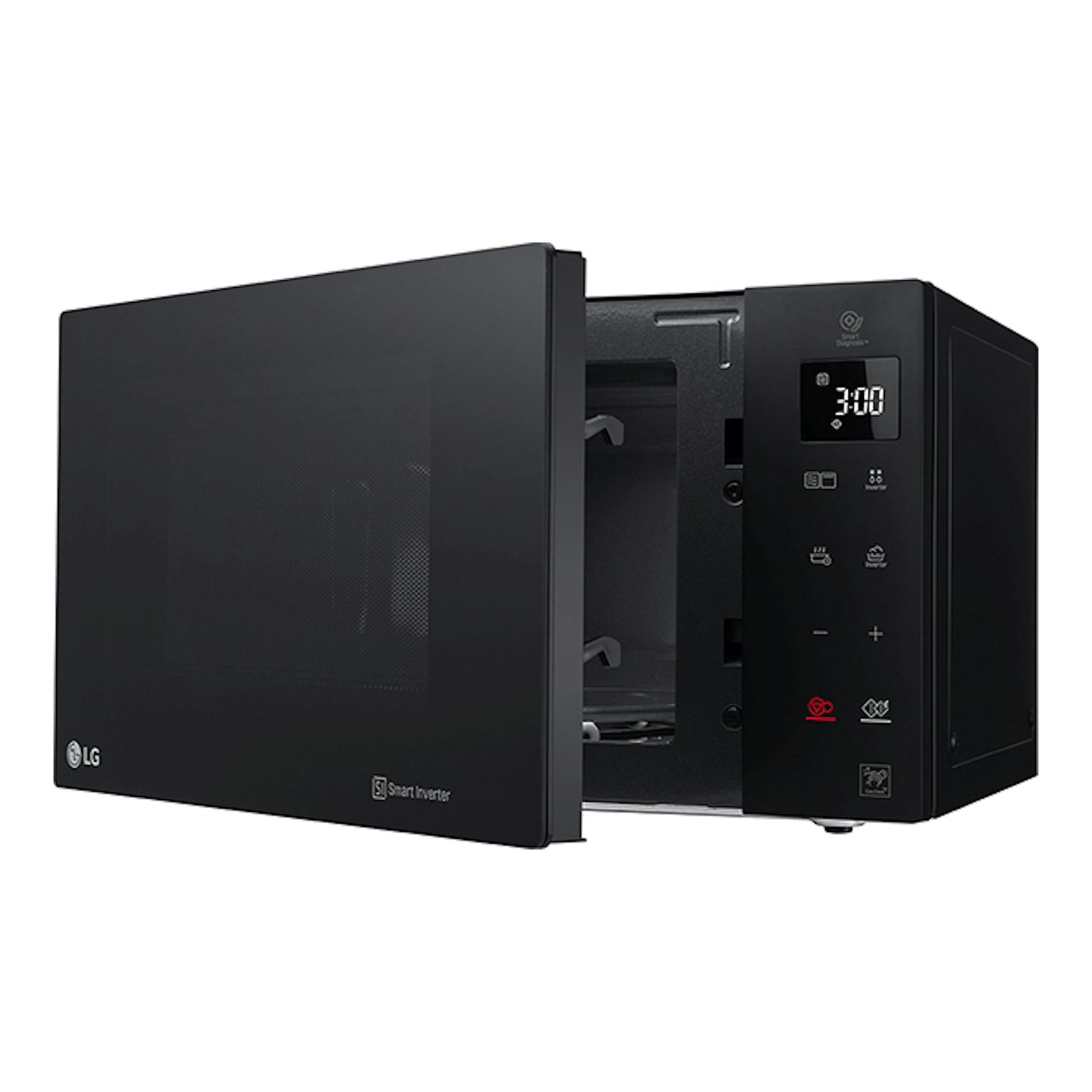 Microondas LG MH6535GIS negro, visto de frente en tres cuartos, con la puerta abierta y panel digital.