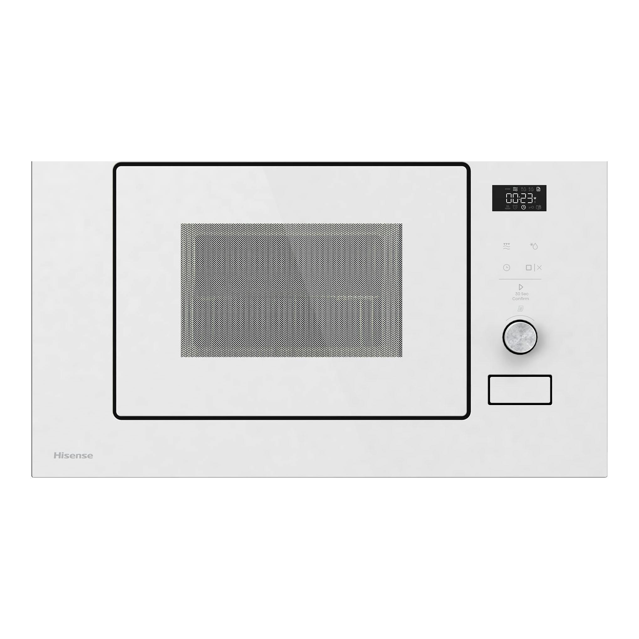 Microondas integrable Hisense BIM320G52WG blanco, vista frontal, con puerta negra y panel digital a la derecha.