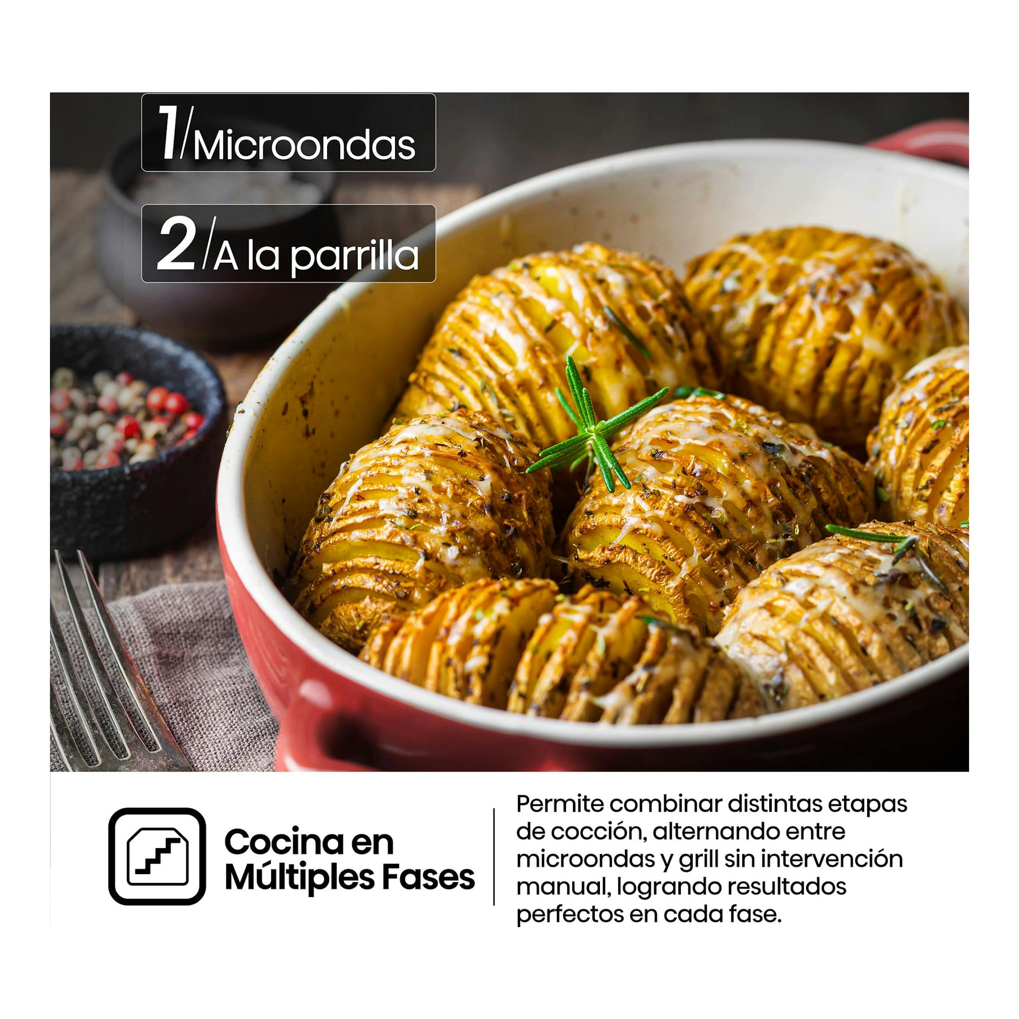 Anuncio de microondas Hisense BIM320G52WG con patatas asadas en una fuente roja y texto sobre cocción en fases.
