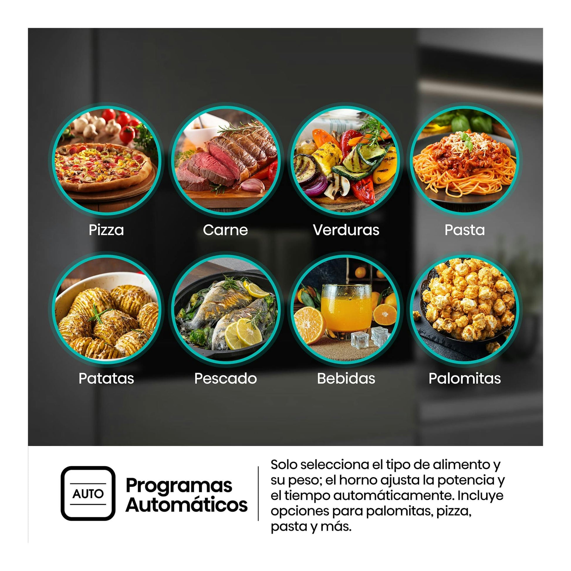 Hisense BIM320G52WG: panel frontal con iconos de programas automáticos para pizza, carne, verduras, pasta y palomitas.