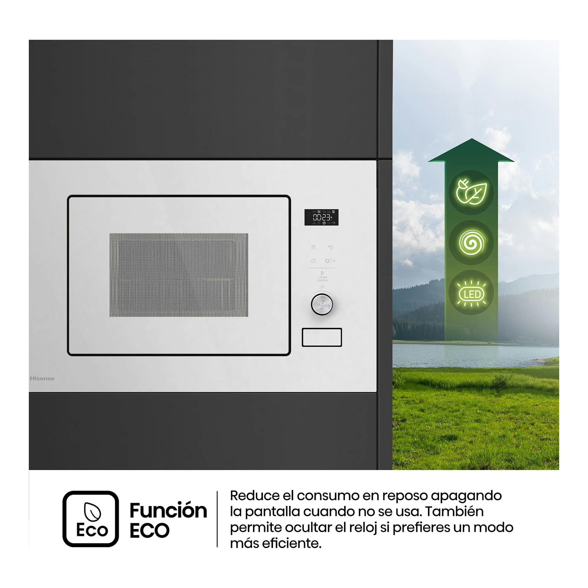 Microondas integrable Hisense BIM320G52WG blanco, vista frontal con puerta de cristal y panel digital.