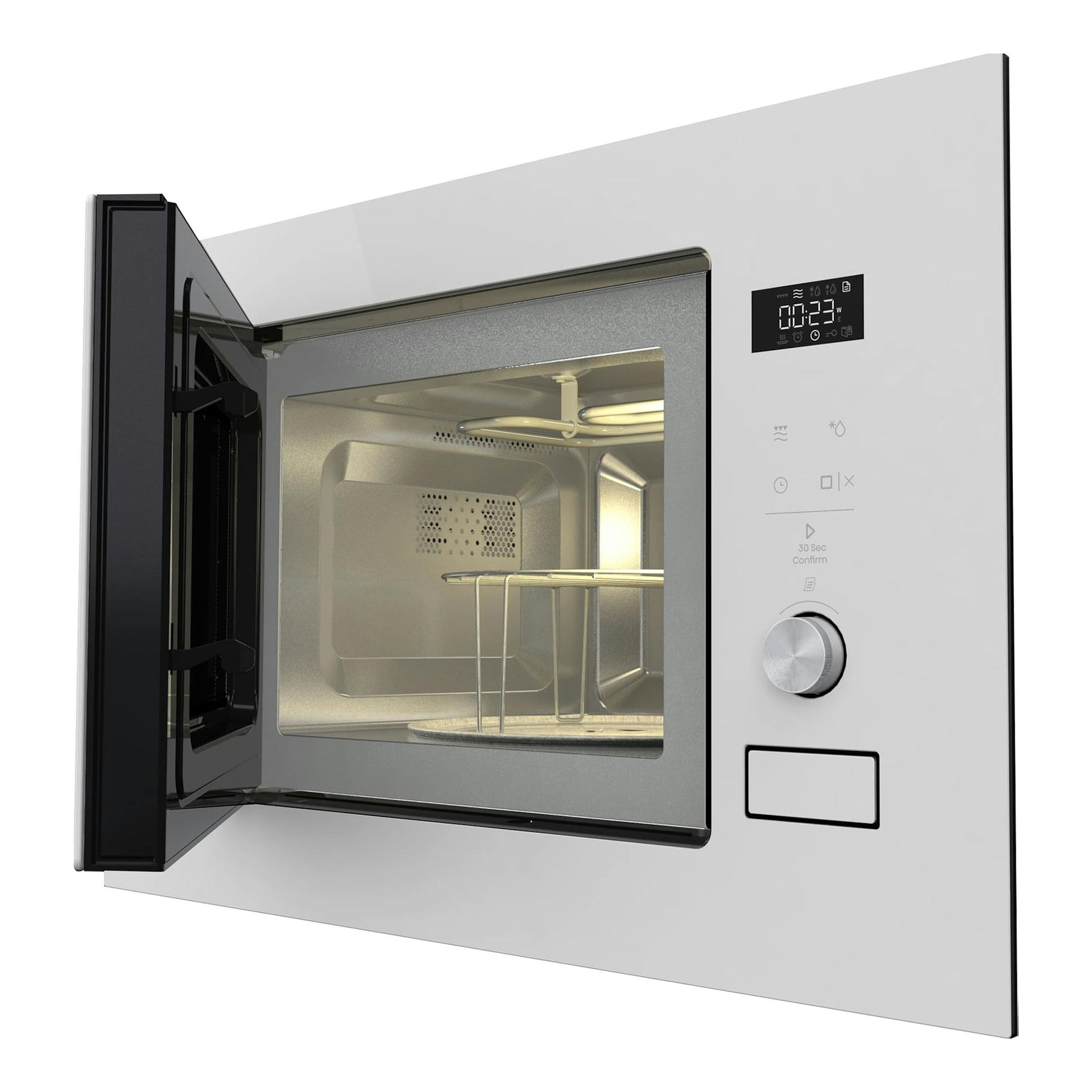 Microondas integrable Hisense BIM320G52WG blanco, vista frontal en tres cuartos, con la puerta abierta.