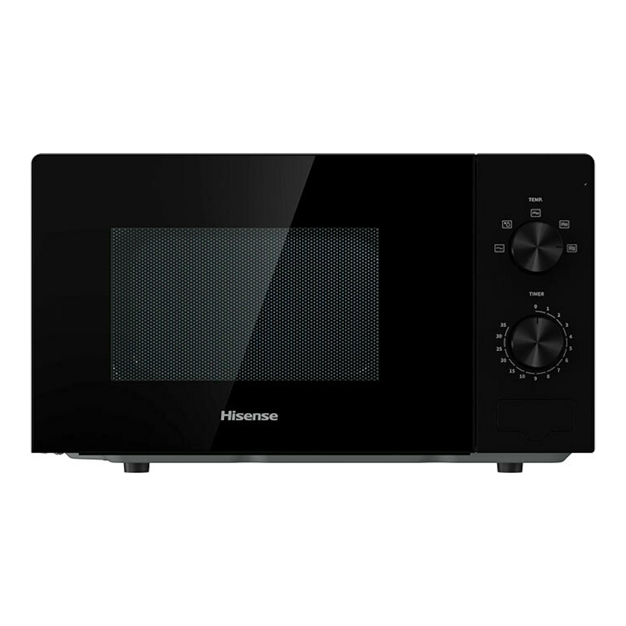 Microondas Hisense H20MOBP1 negro, vista frontal, con puerta de cristal y dos mandos.