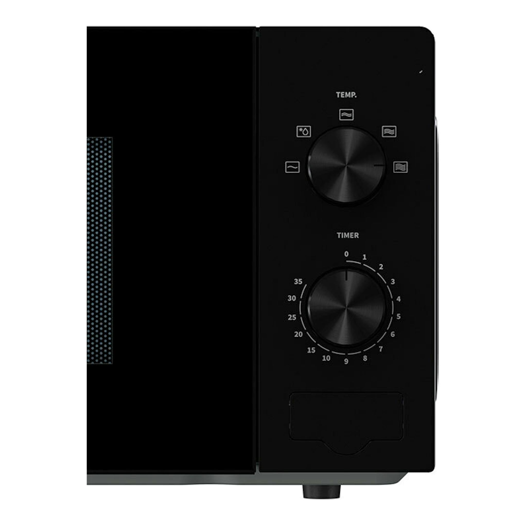 Microondas Hisense H20MOBP1 negro, vista frontal parcial con dos mandos de temperatura y temporizador.