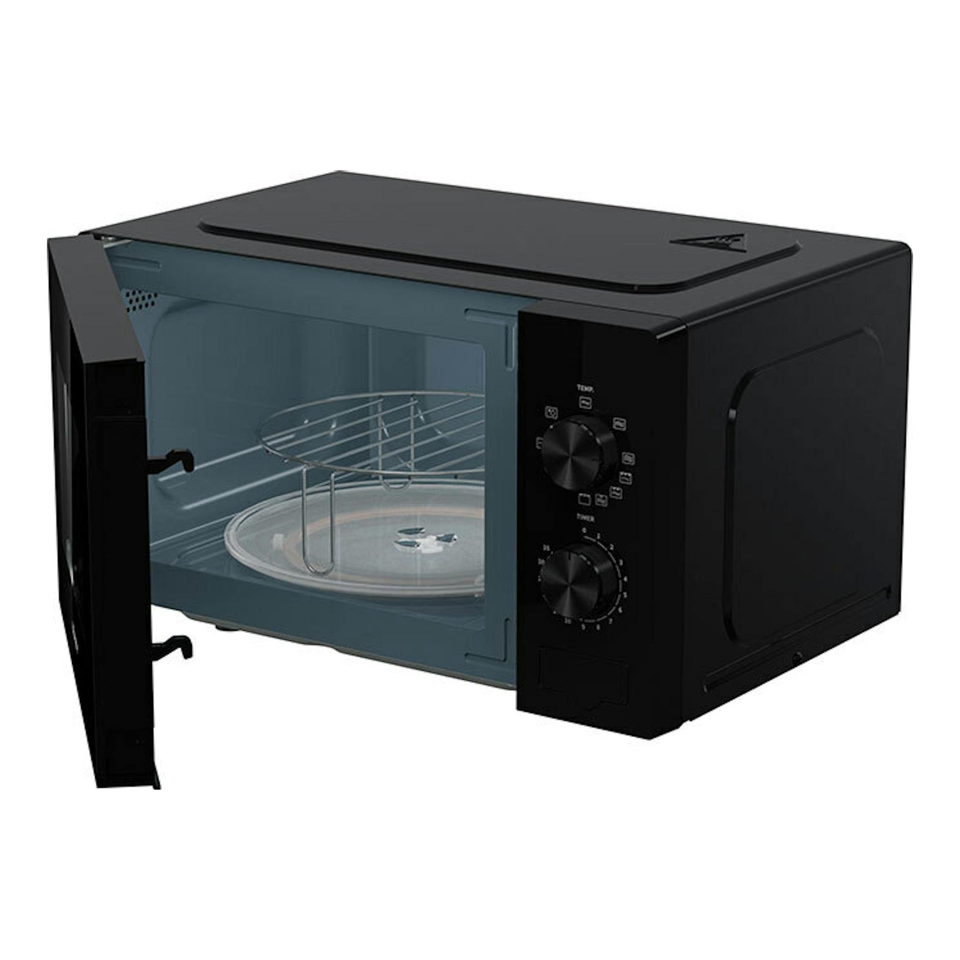 Microondas Hisense H20MOBP1G negro, vista frontal izquierda con la puerta abierta.