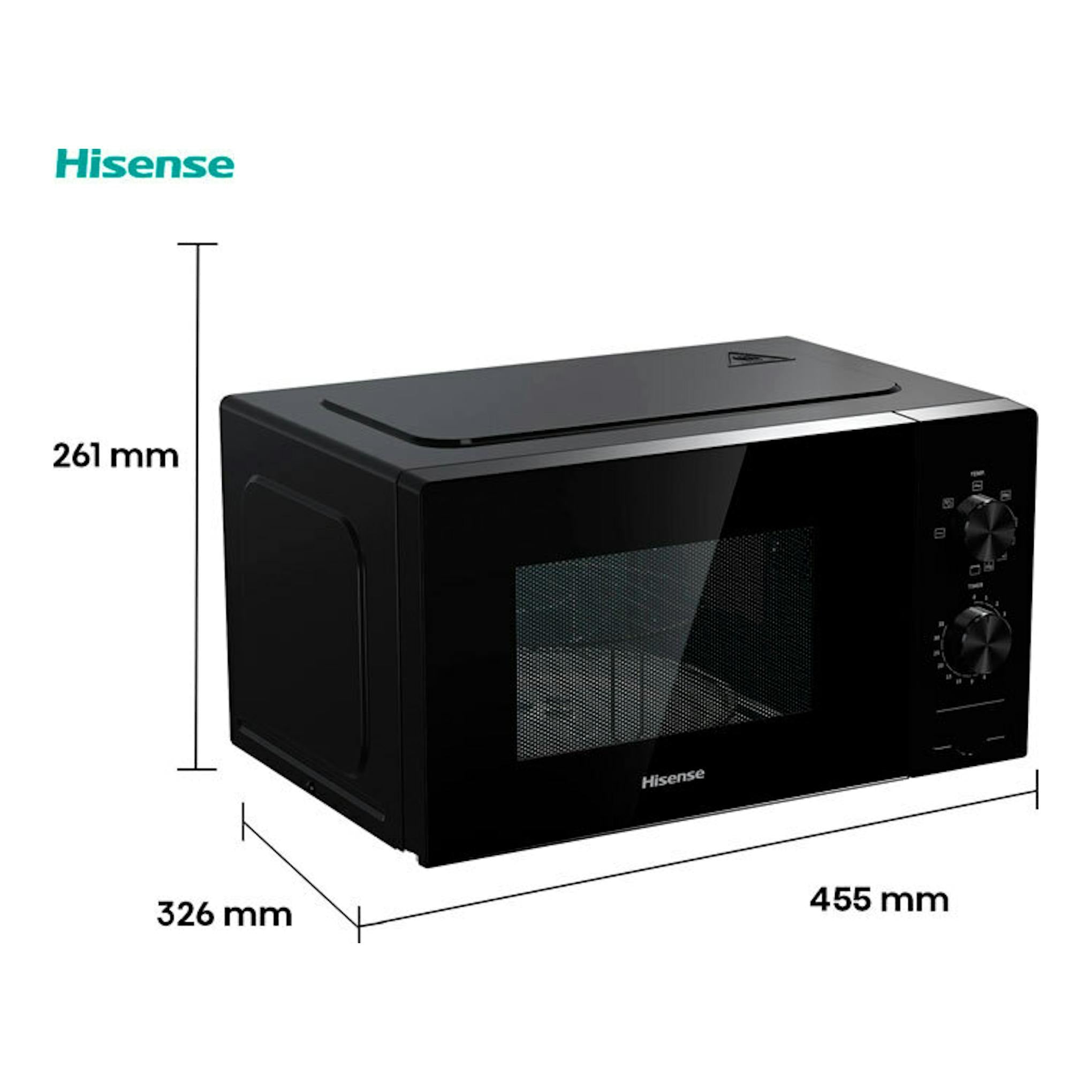 Microondas Hisense H20MOBP1G negro, vista frontal en ángulo, con dos mandos y ventana.