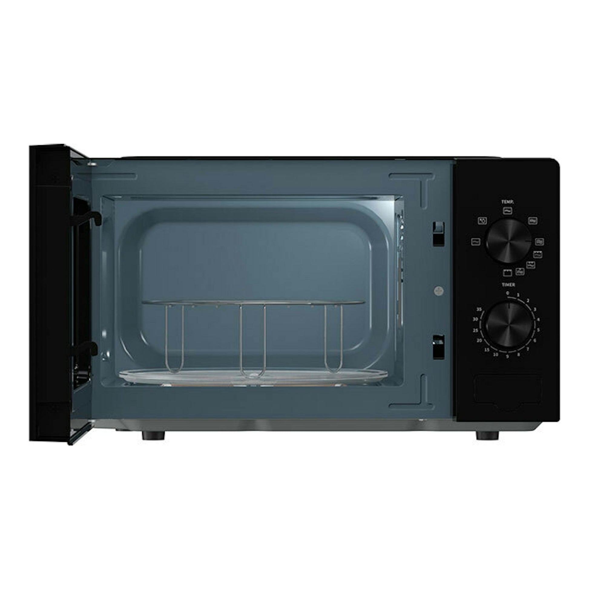 Microondas Hisense H20MOBP1G negro, vista frontal con la puerta abierta y el interior visible.
