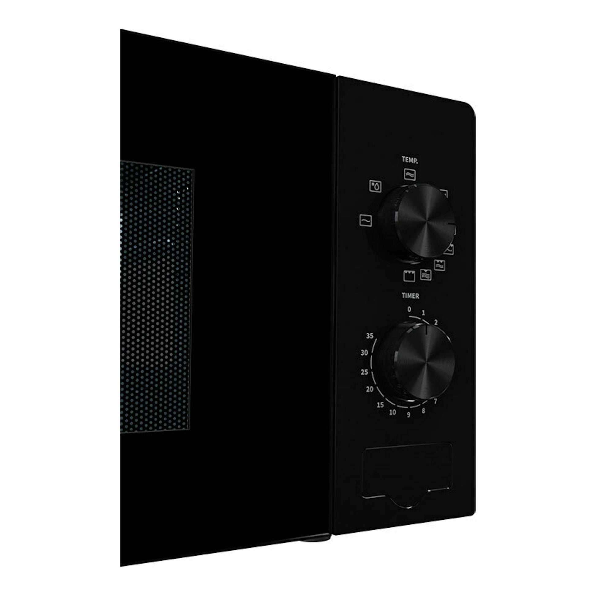 Microondas Hisense H20MOBP1G negro, vista frontal lateral con dos mandos y puerta con ventana.