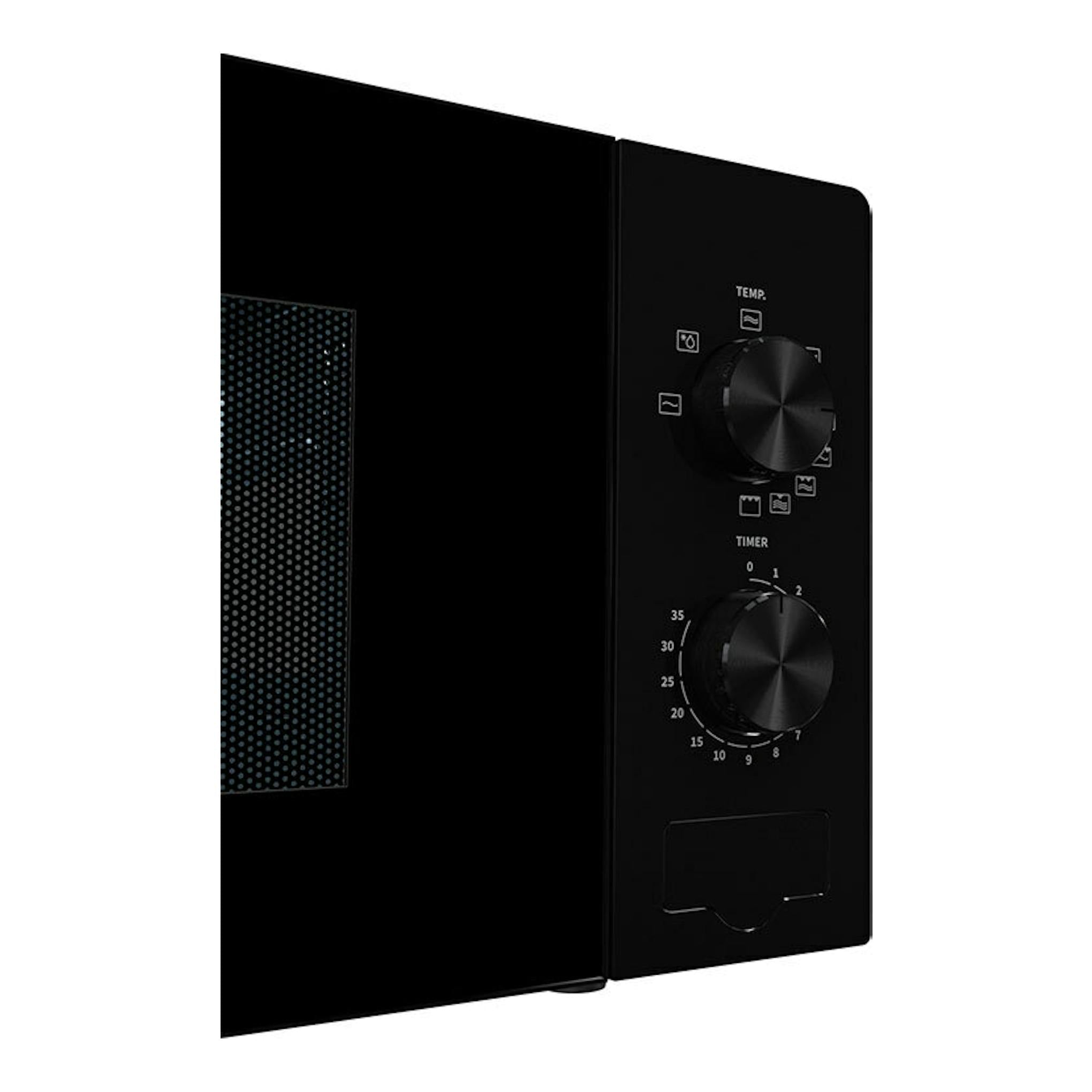 Microondas Hisense H20MOBP1G negro, vista frontal lateral con dos mandos y puerta con ventana.