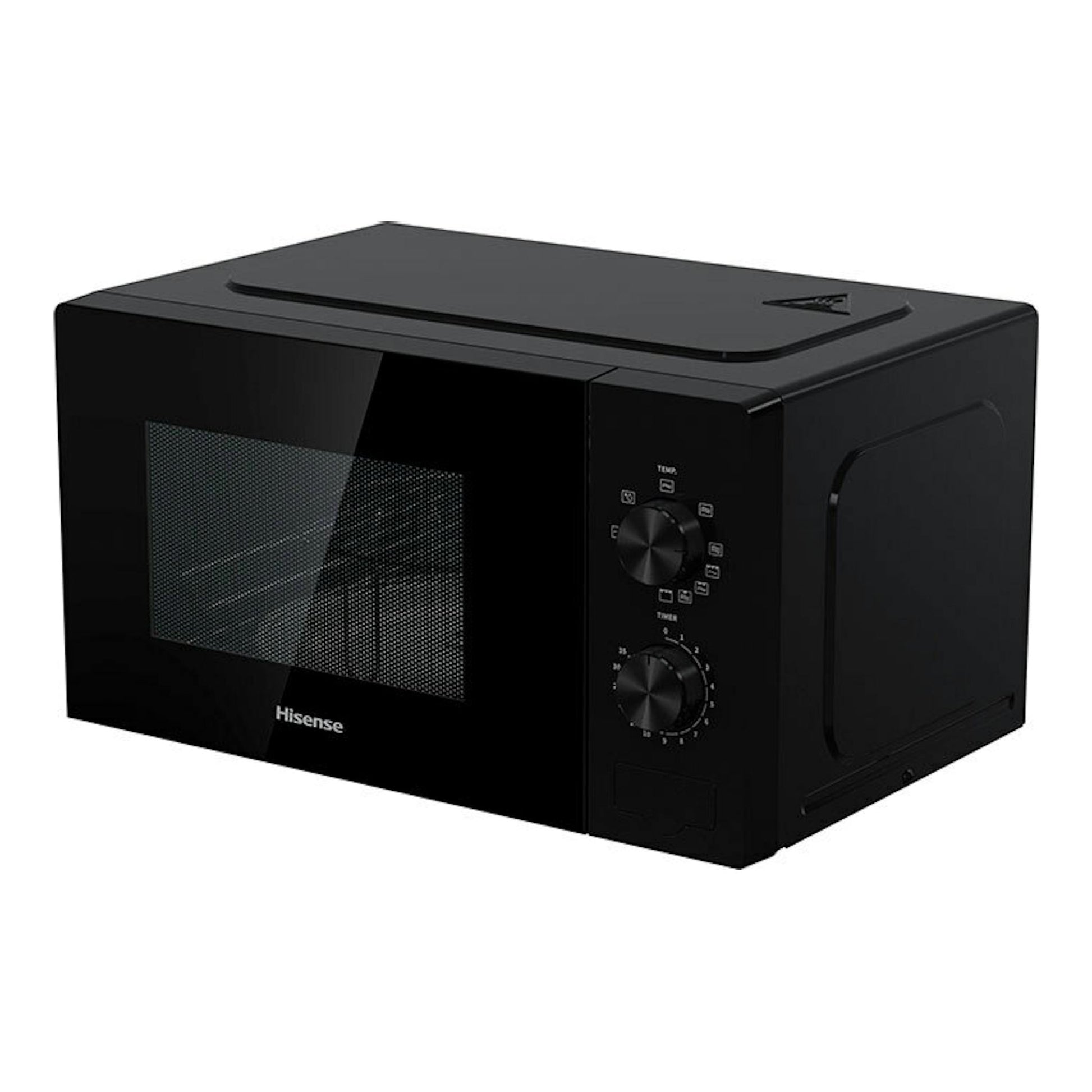 Microondas Hisense H20MOBP1G negro, vista frontal en ángulo, con puerta de vidrio y dos mandos.