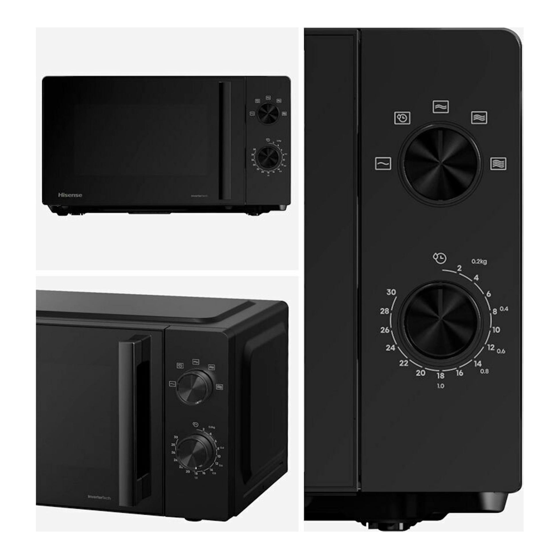 Microondas Hisense H20MOBP1HI negro, vista frontal y en ángulo, con dos mandos giratorios.
