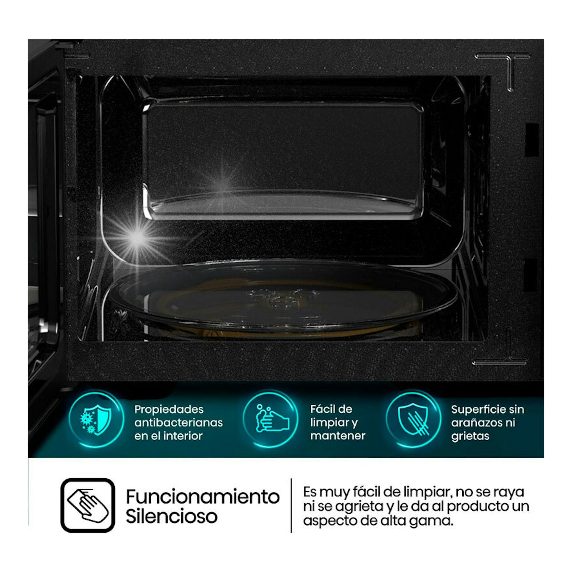 Interior de microondas Hisense H20MOBP1HI blanco, vista frontal de la cavidad negra con plato giratorio.