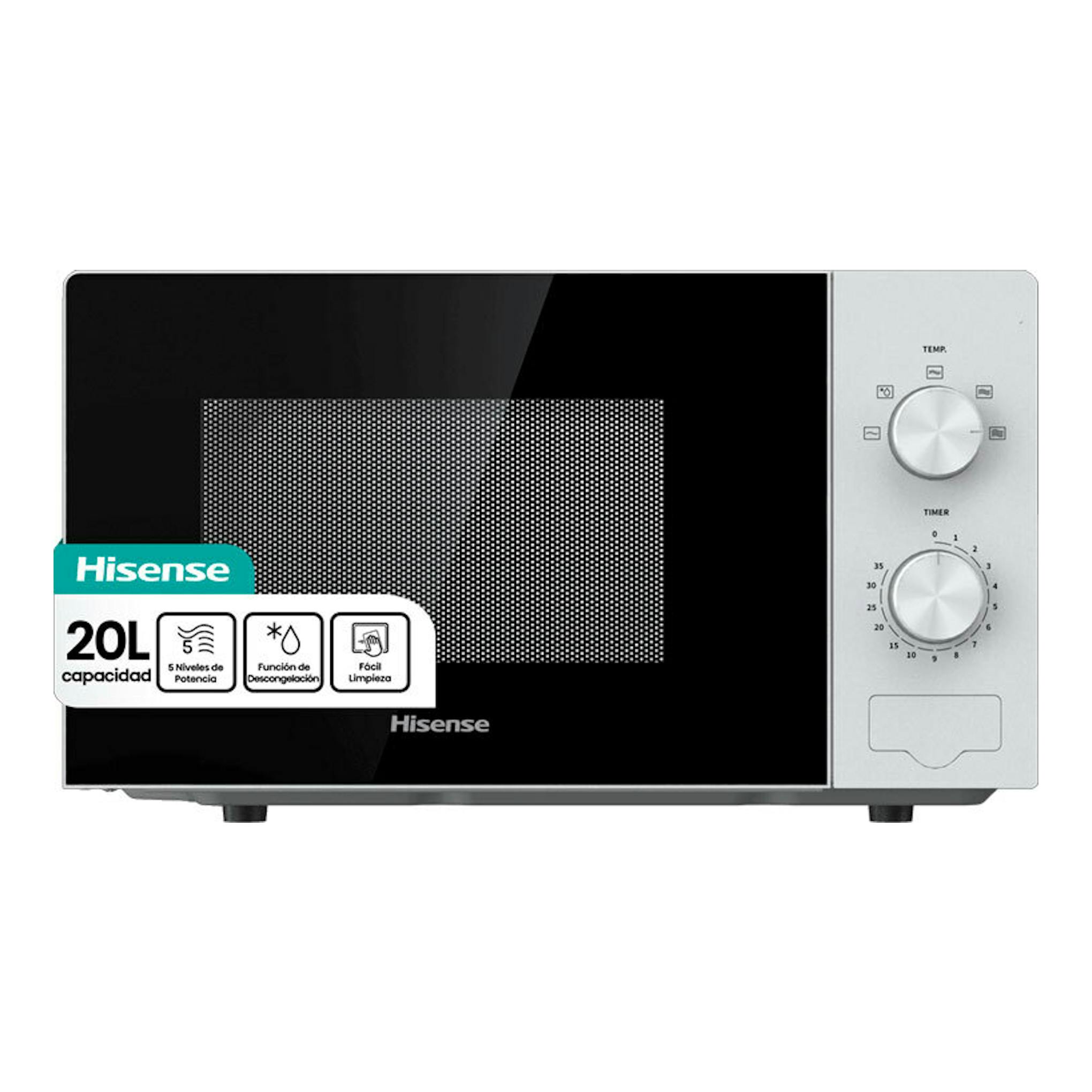 Microondas Hisense H20MOWP1 blanco y negro, vista frontal, con dos mandos giratorios y puerta negra.