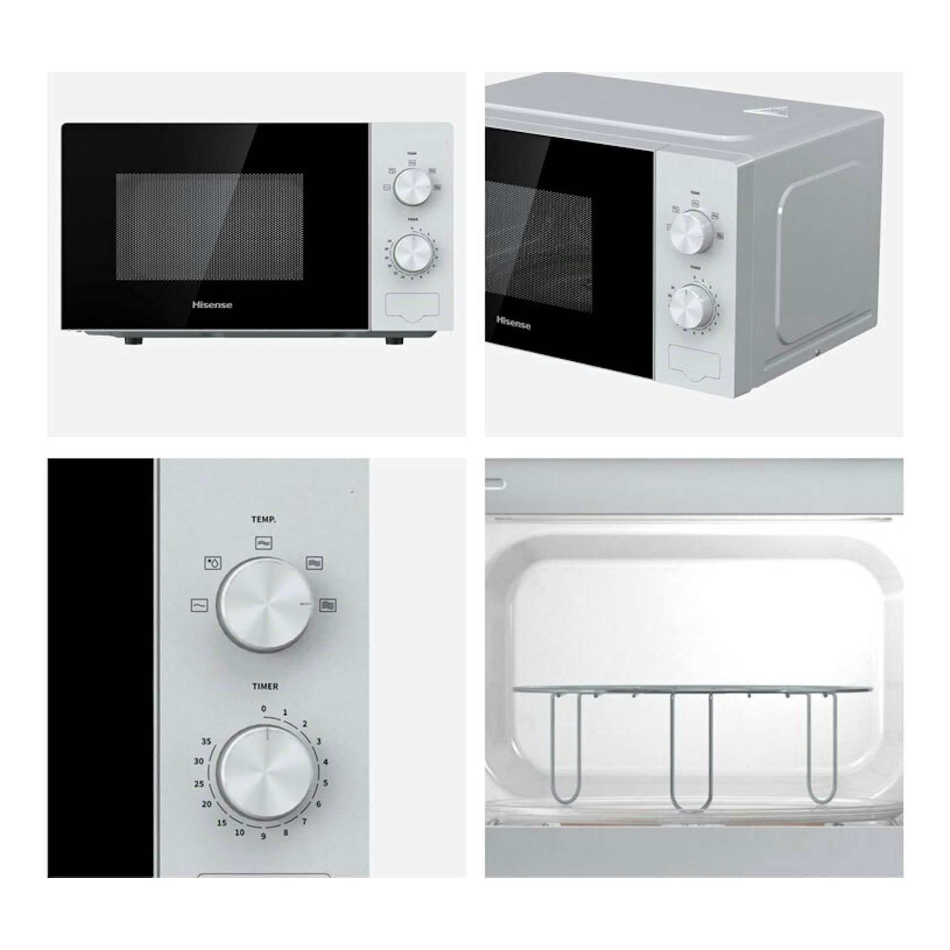 Microondas Hisense H20MOWP1 blanco, vista frontal y en ángulo, con mandos giratorios e interior visible.
